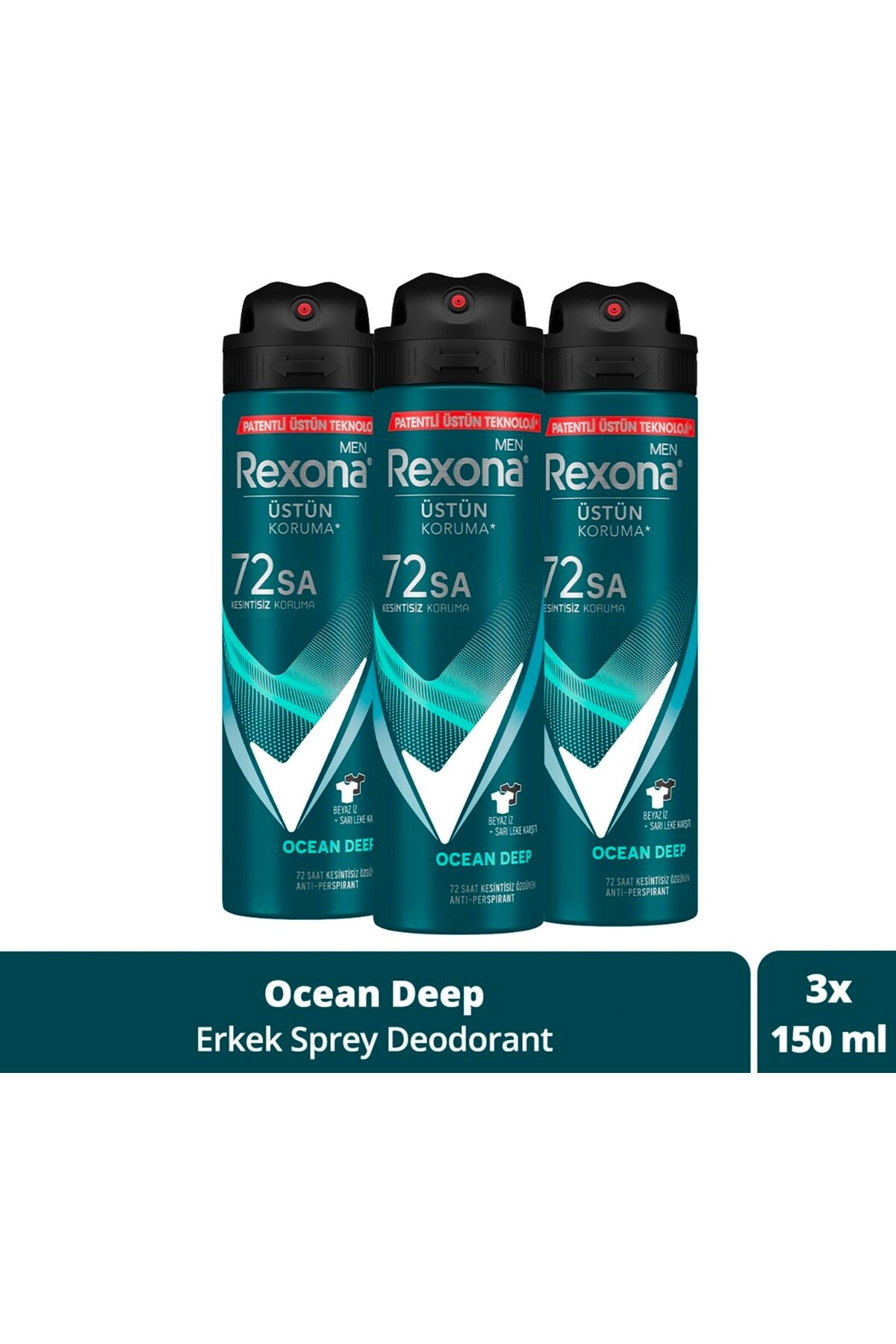 Rexona Men Erkek Sprey Deodorant Invisible Ocean Deep 72 Saat Kesintisiz Üstün Koruma 150 ml X3