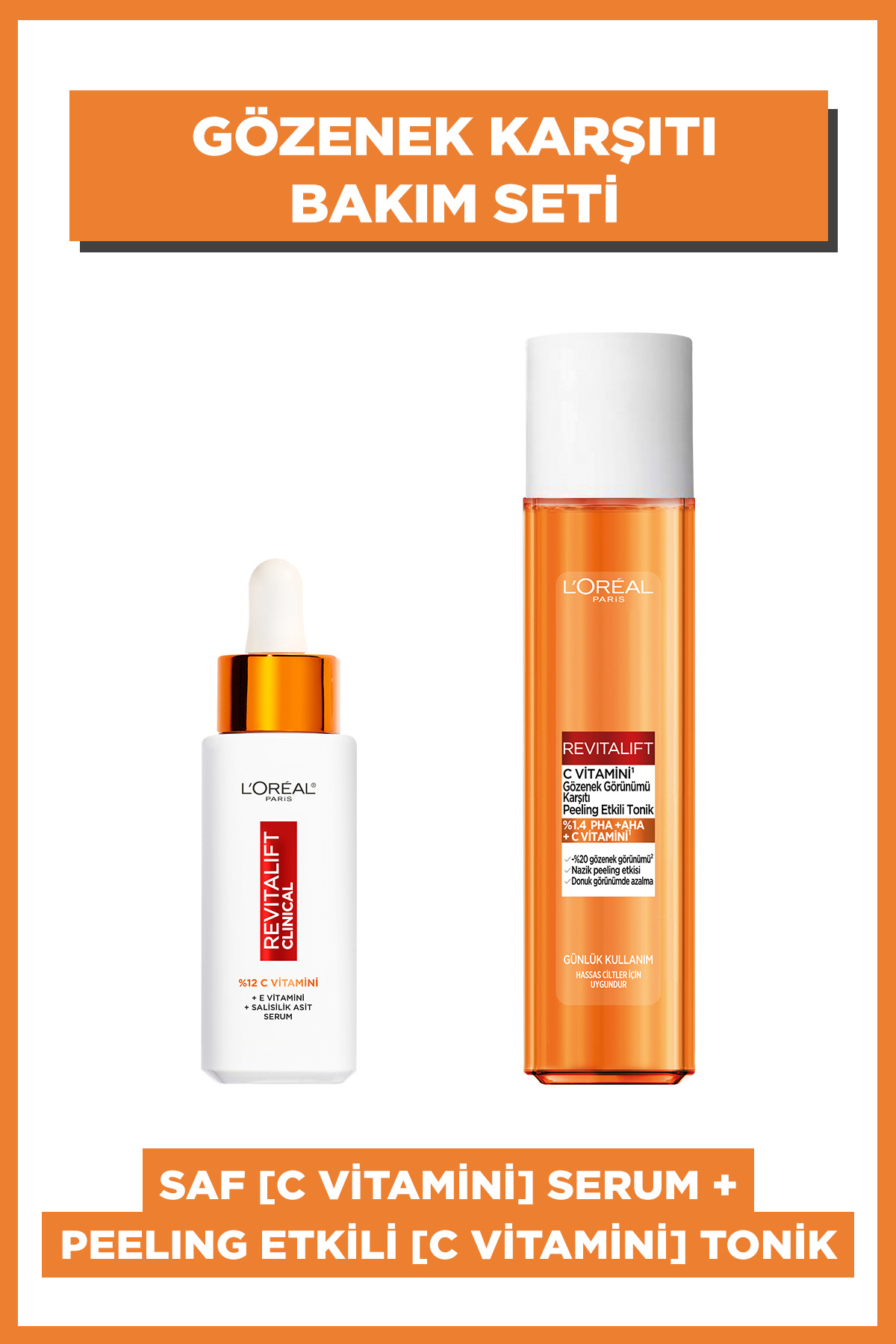 L'Oreal Paris Revitalift C Vitamini Gözenek Görünümü Karşıtı Peeling Etkili Tonik & C Vitamini Aydınlatıcı Serum