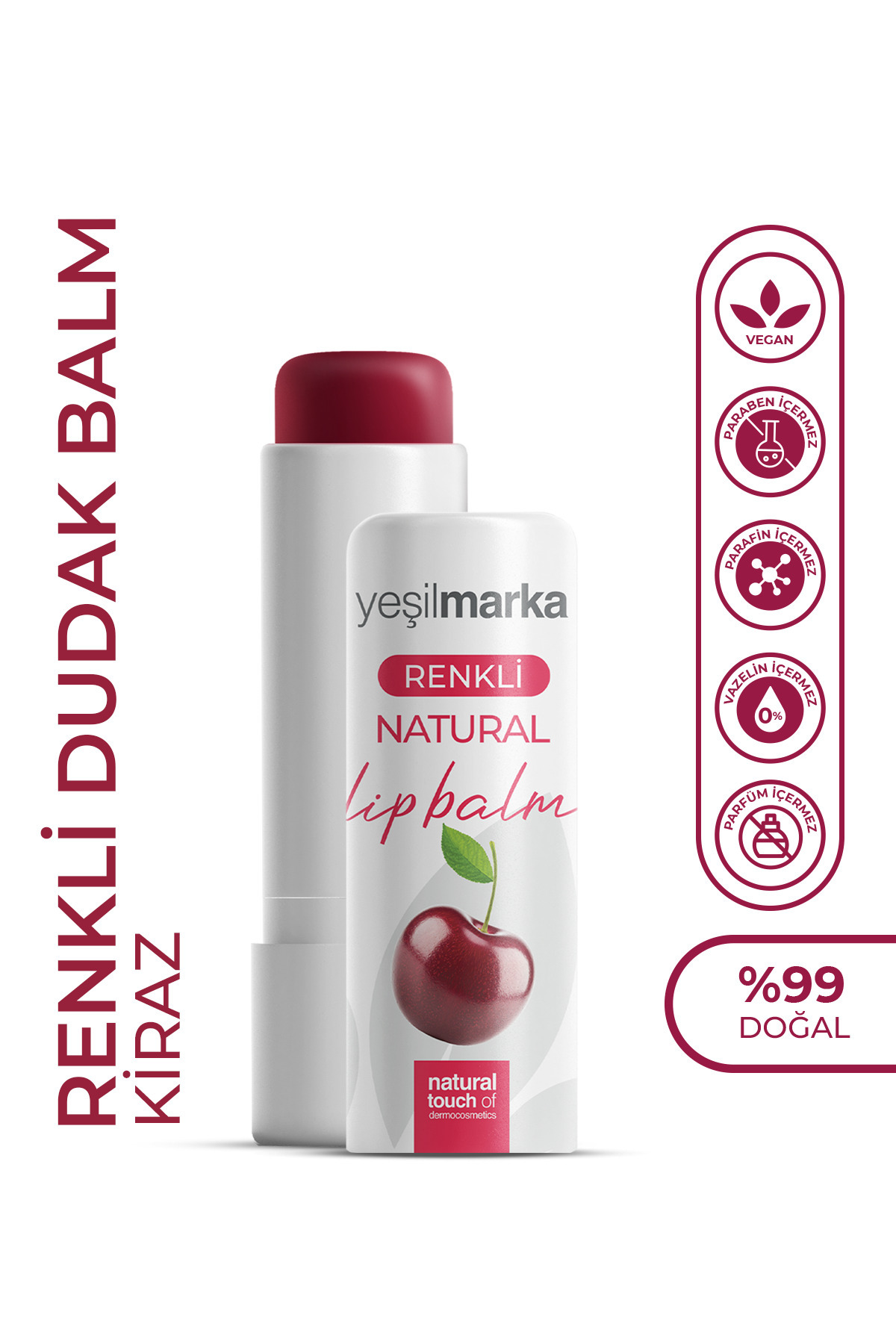 yeşilmarka Renkli Dudak Balmı Kiraz - Yenilebilir, Bitkisel İçerikli Doğal Renklendirme