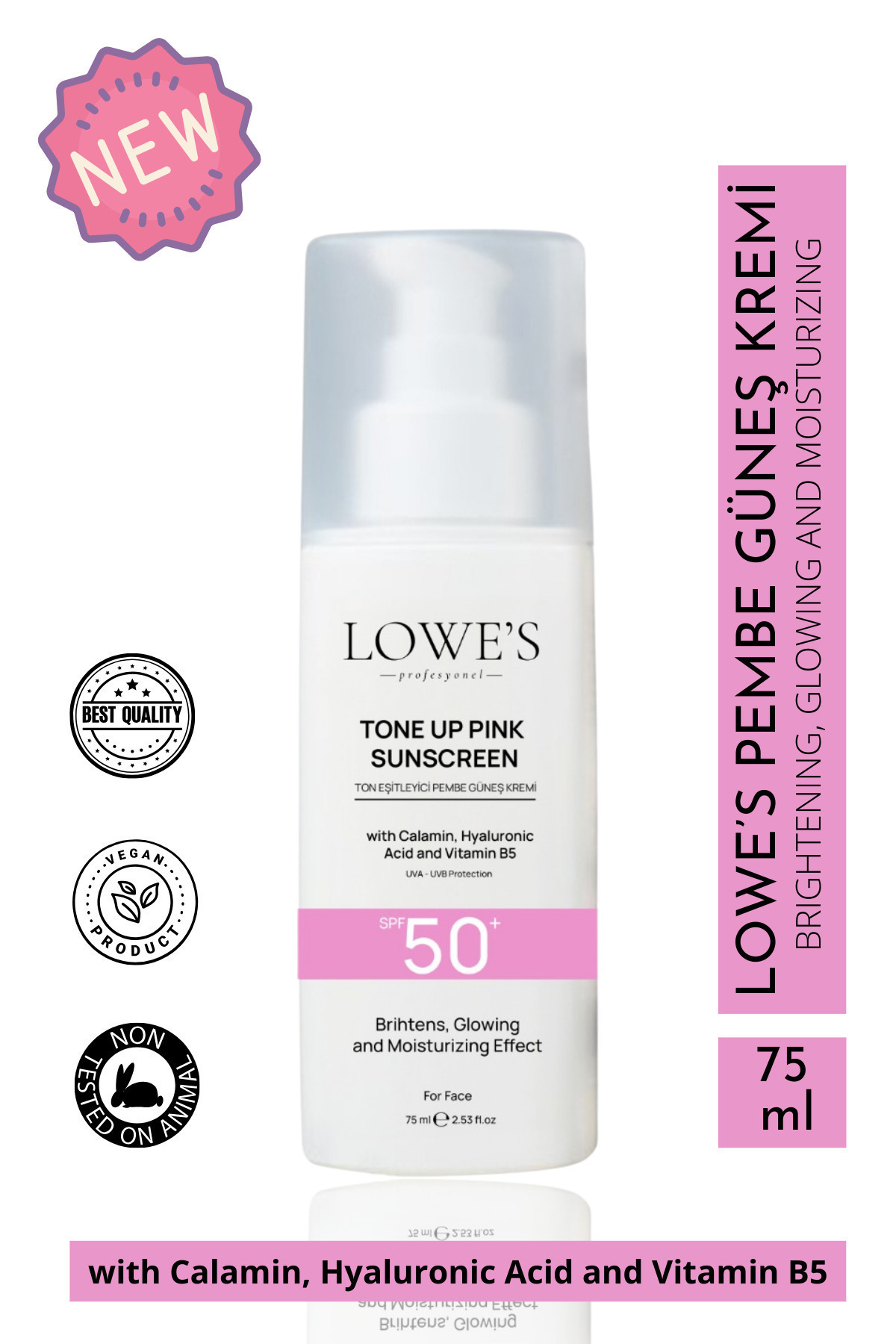 Kozmetik SPF 50 Güneş Kremi – Leke Karşıtı & Ton Eşitleyici Glutatyon & Hyaluronik Asit | 75ml (Pembe Renkli)