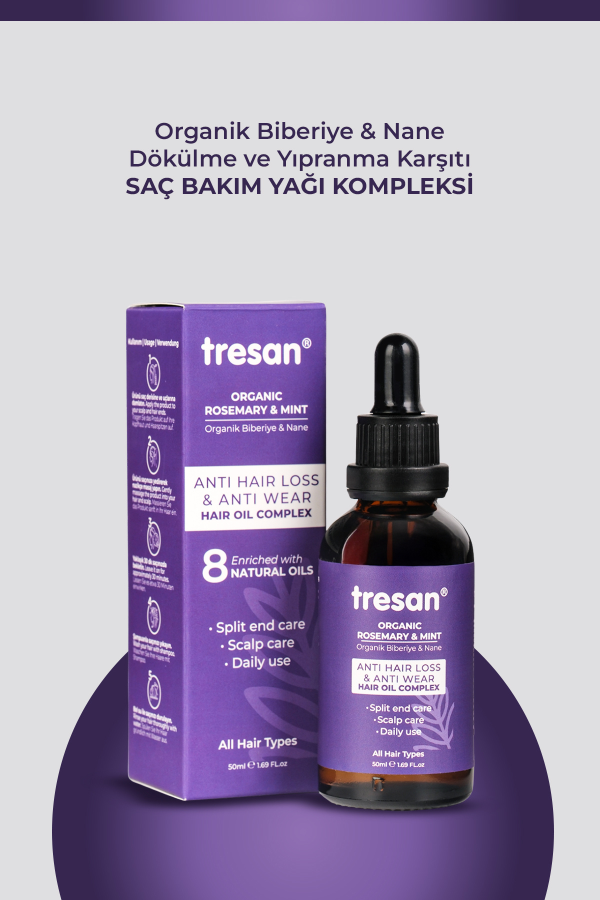 Tresan Organik Biberiye & Nane Dökülme ve Yıpranma Karşıtı Saç Bakım Yağı Kompleksi + 8 Değerli Yağ (50ml)