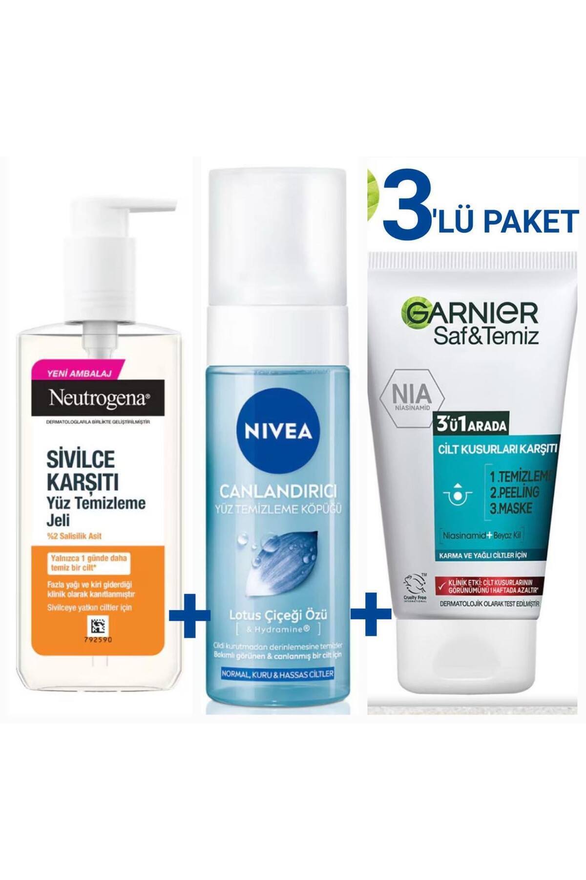Neutrogena Sivilce Karşıtı Jel + Garnier Saf&temiz 3'ü Bir Arada+nivea Yüz Yıkama Köpüğü