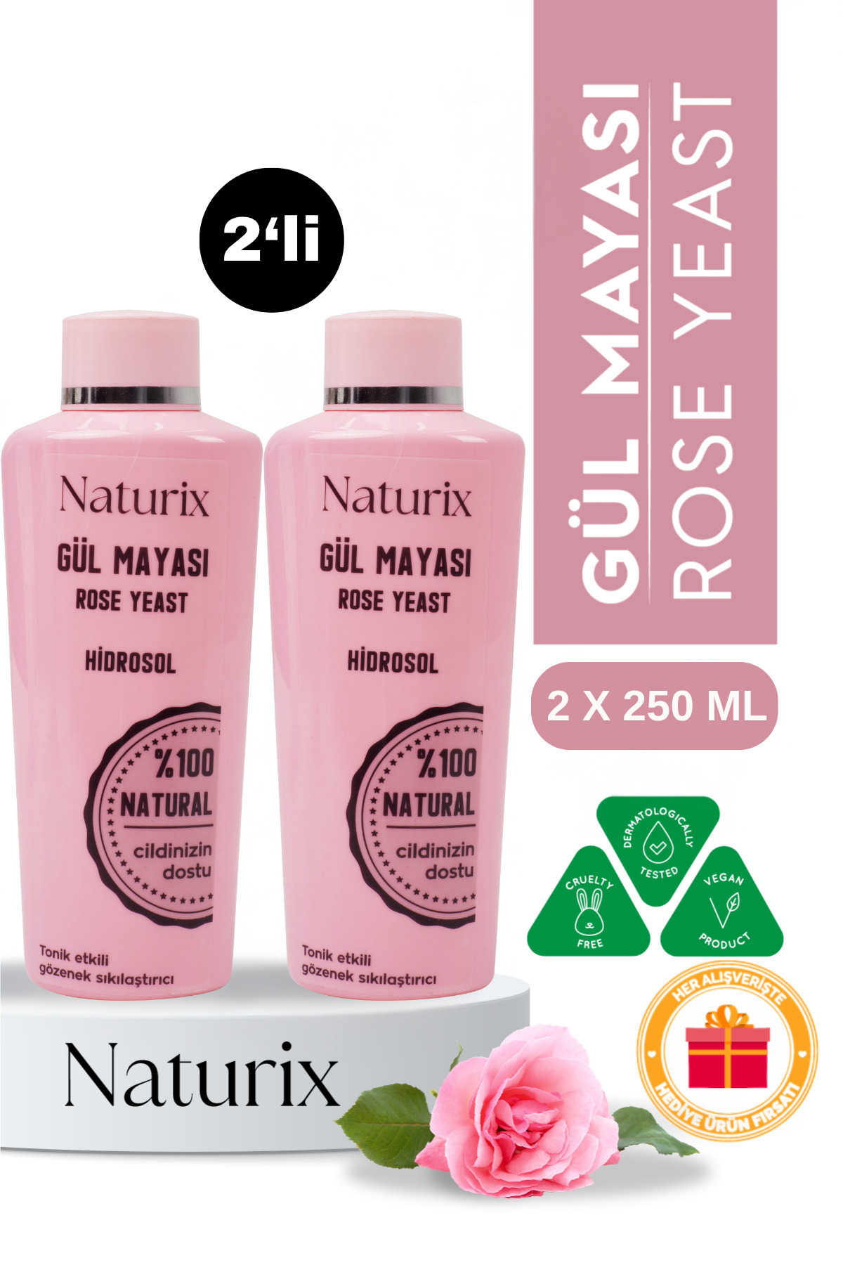 Ilgaz Naturix Organix Akne Önleyici Gül Mayası 250 ml - 2'li Eko Paket | Tonik Etkili Ve Gözenek Sıkılaştırıcı Gül Suyu