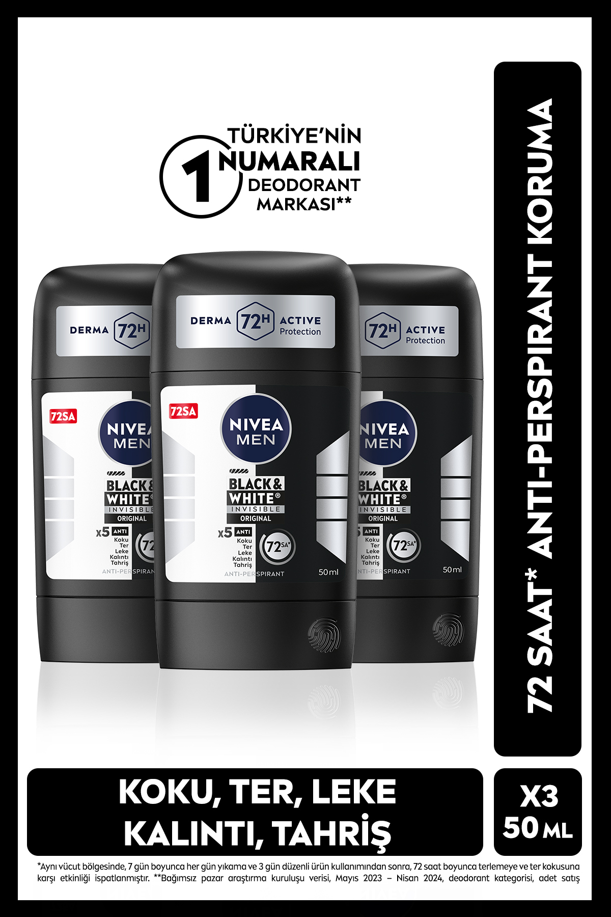 NIVEA MEN Erkek Stick Deodorant Black&white Original 50ml, 72 Saat Anti-Perspirant Koruma, X3 Adet