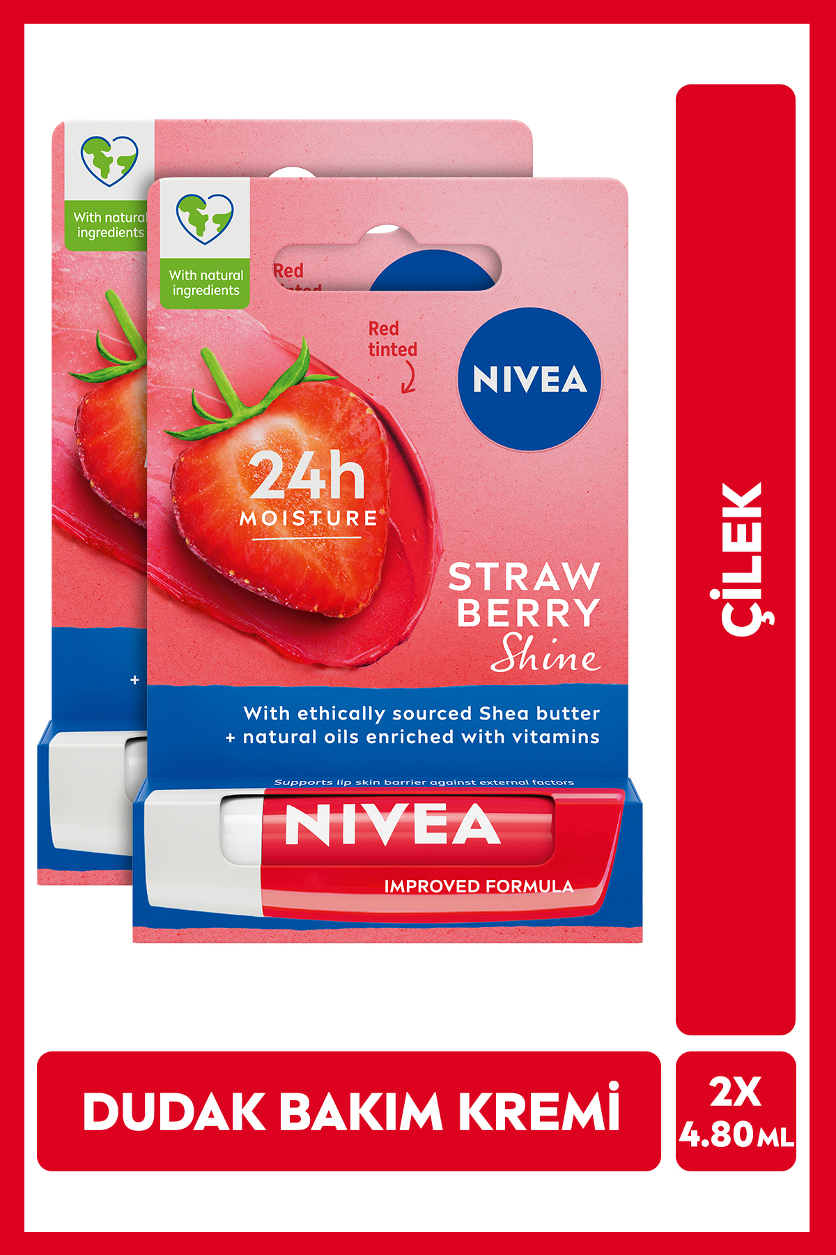 NIVEA Dudak Bakım Kremi Ve Dudak Parlatıcı 4.8gr, Çilek Kokusu, Nemlendirici, Hafif Kırmızı Işıltı, X2Adet
