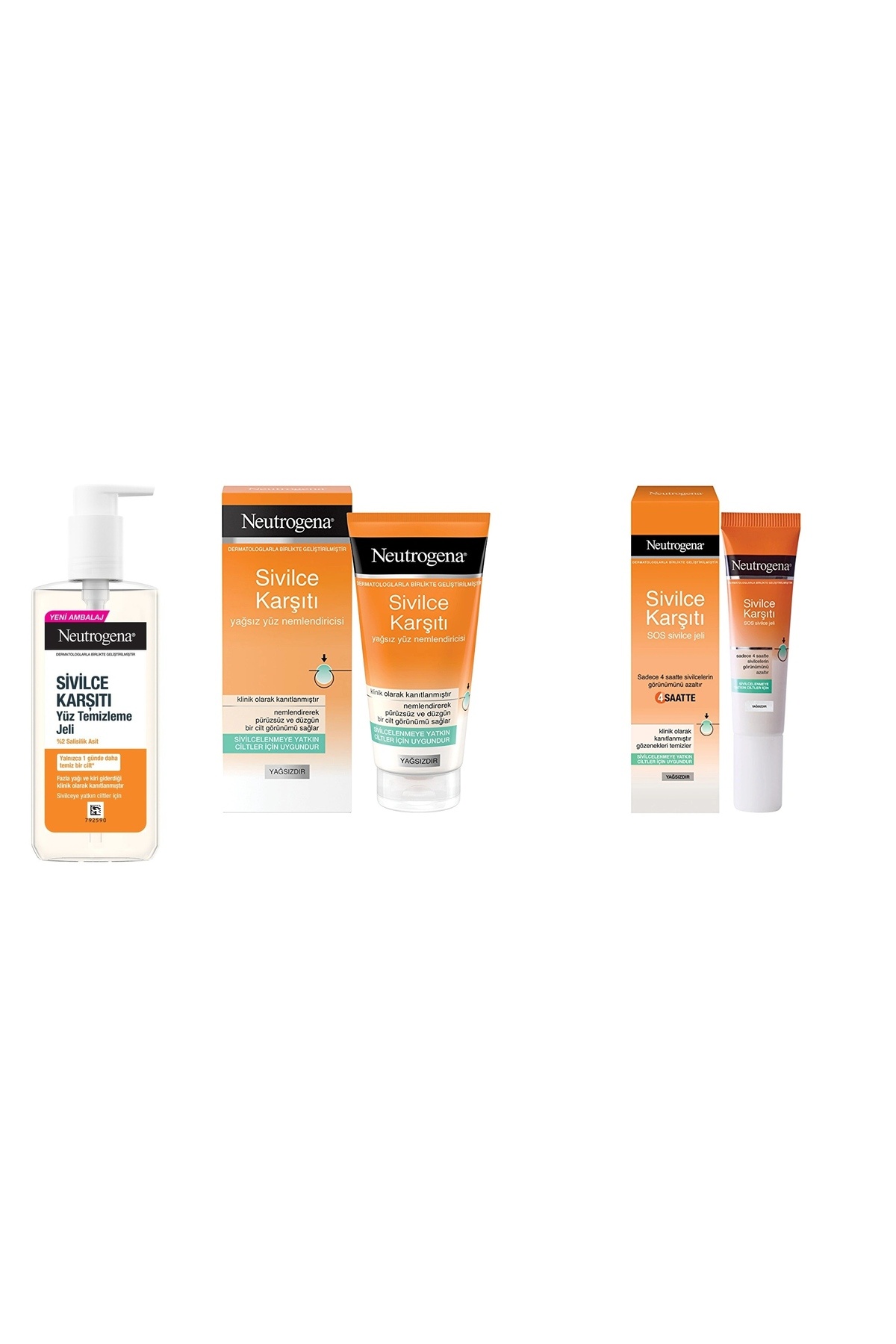 Neutrogena Sivilce Karşıtı Yüz Temizleme Jeli ve Yağsız Yüz Nemlendiricisi ve Sos Sivilce Jeli