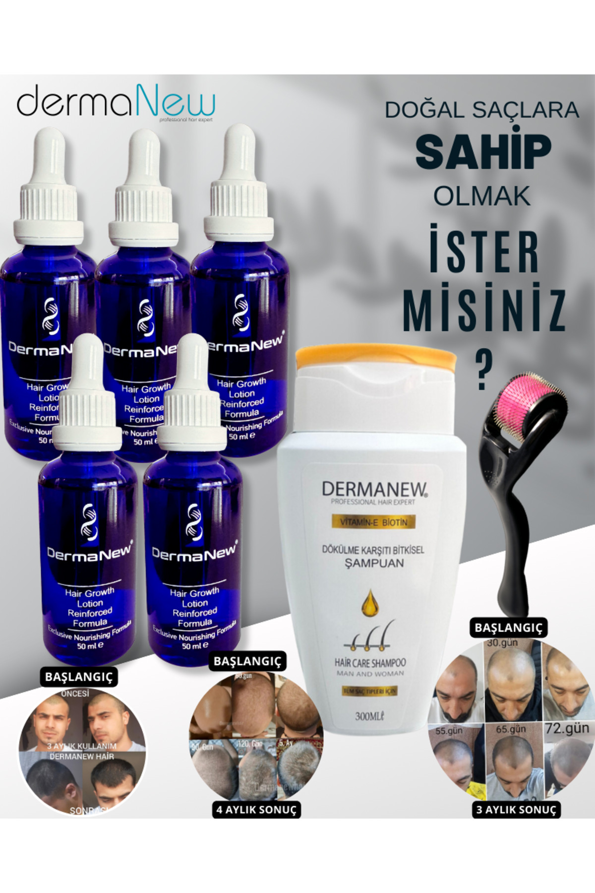 dermanew hair Saç Gürleştirici Serum - Dökülme Karşıtı Şampuan Roller Hediyeli /5x50ml