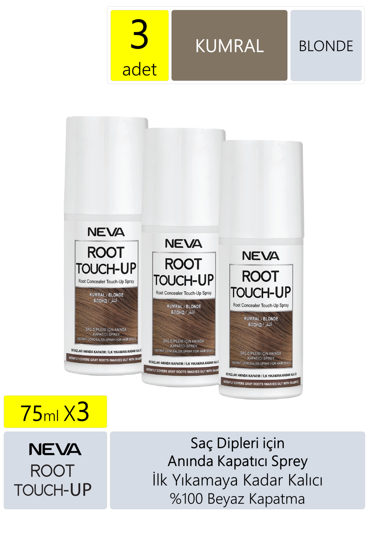Root Touch-Up Neva Root Touch Up Kapatıcı Sprey 75 Ml Kumral 3 Adet