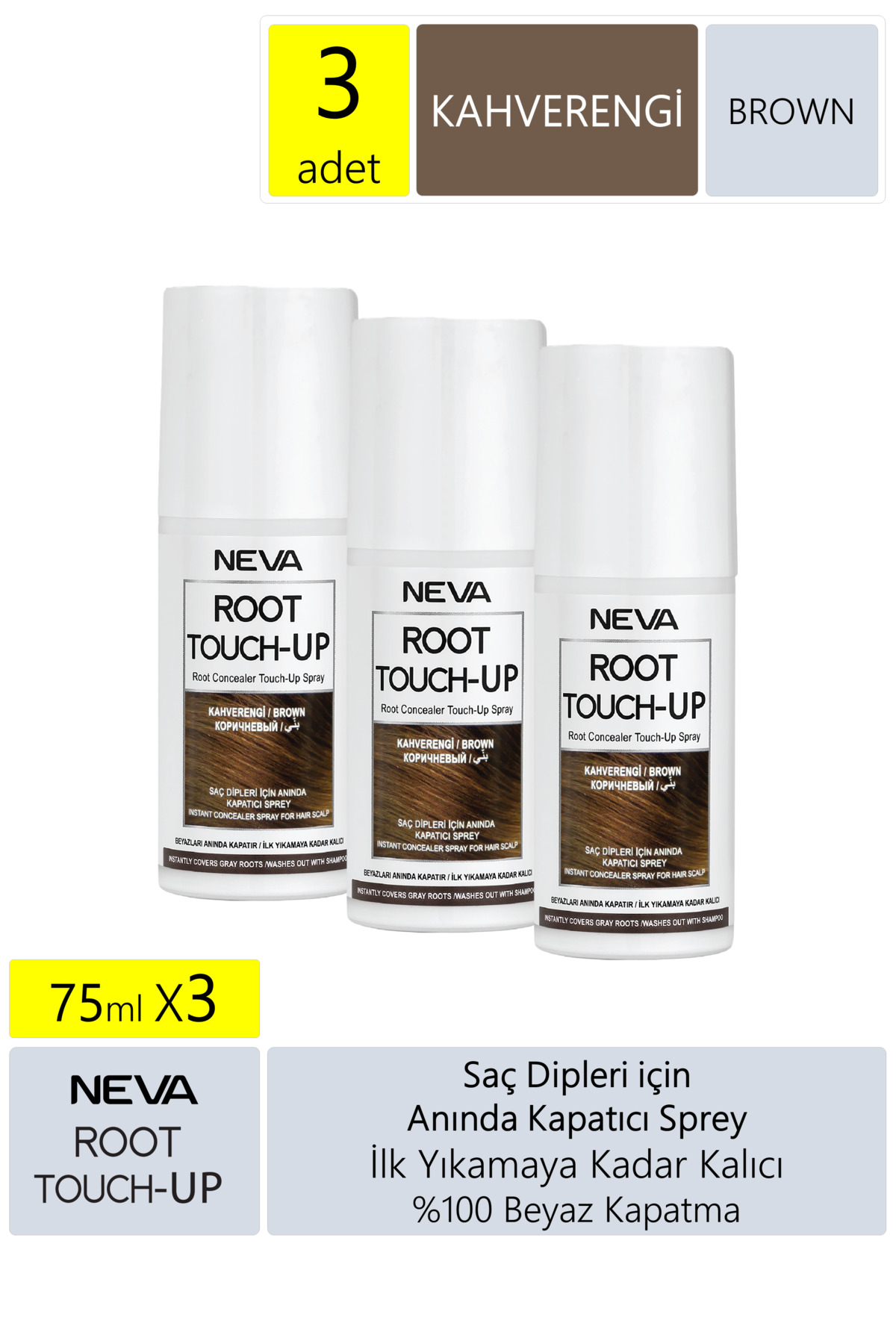 Root Touch-Up Neva Root Touch Up Kapatıcı Sprey 75 Ml Kahve 3 Adet