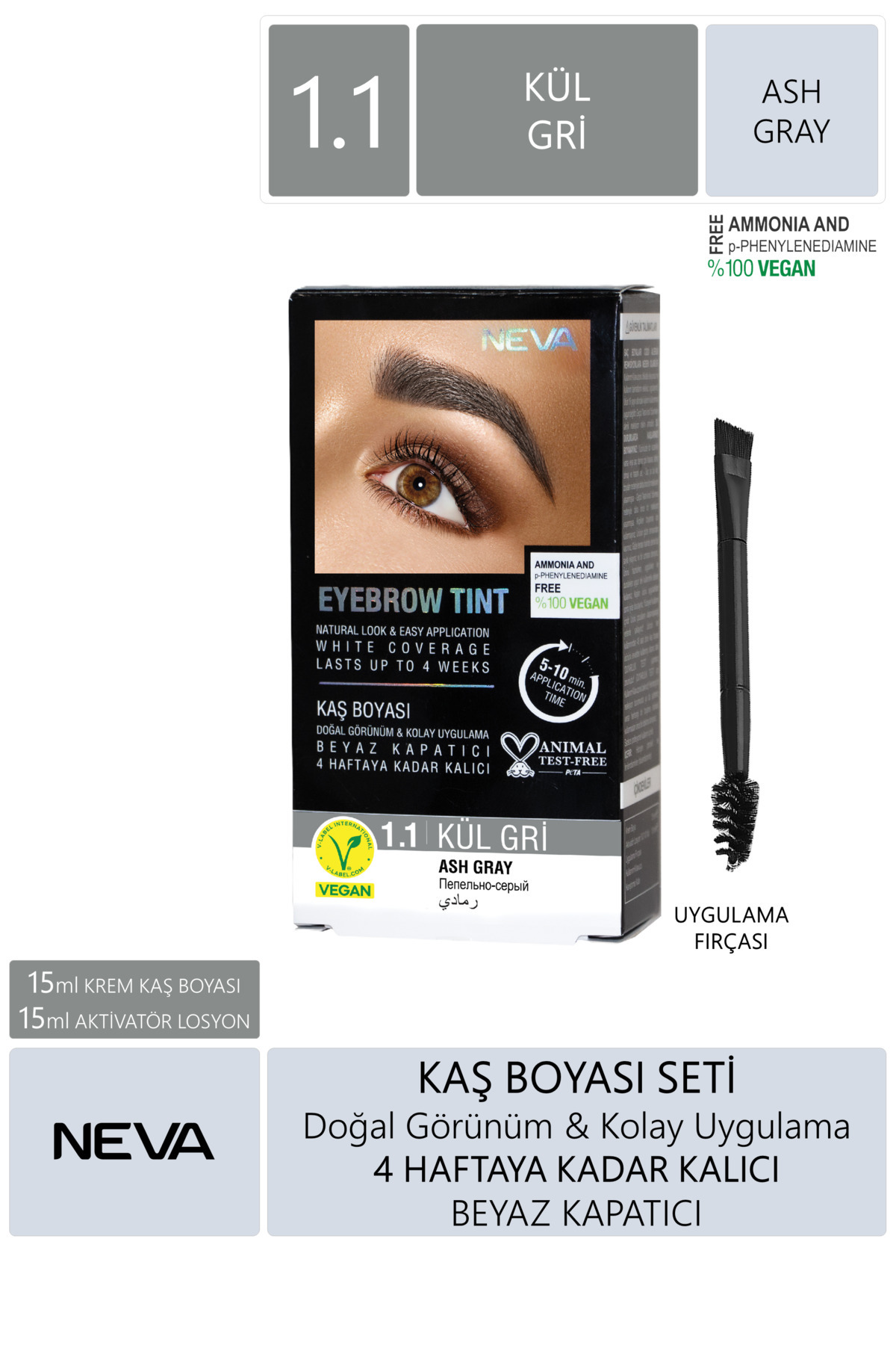 Neva Eyebrow Tint Vegan Kaş Boyası Seti 1.1 Kül Gri