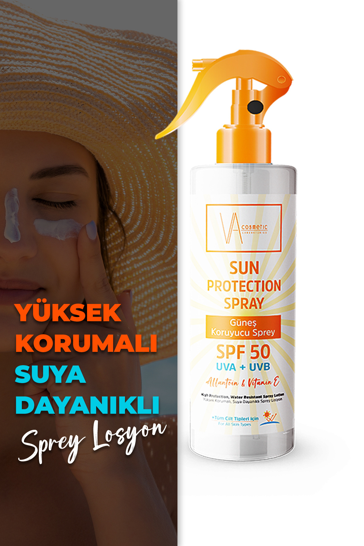 VA COSMETİC SPF50+ Tüm Ciltler İçin Yüz&Vücut Leke Karşıtı Yüksek Korumalı Sprey Güneş Kremi 200 ML