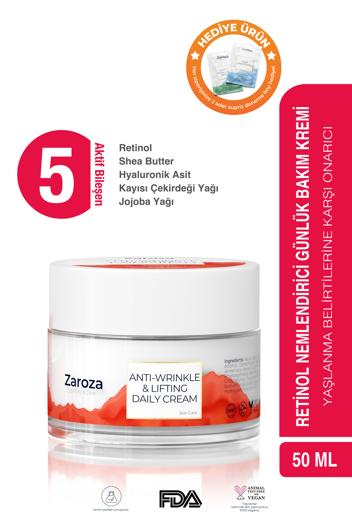 ZAROZA Retinol Gündüz Yüz Kremi - Kırışıklık Karşıtı, Sıkılaştırıcı, Leke Karşıtı, Nemlendirme Anti Wrinkle