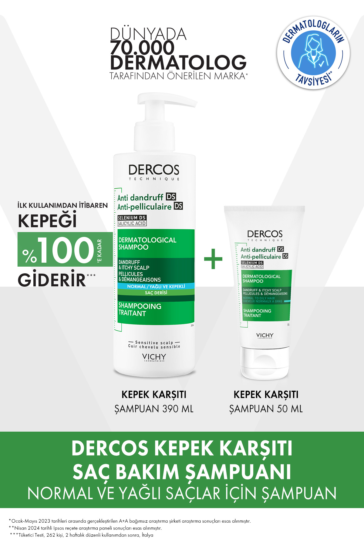 Vichy Dercos Şampuan Seti: Kepek Karşıtı Normal/ Yağlı Saçlar İçin Şampuan 390 ml & 50 ml Şampuan