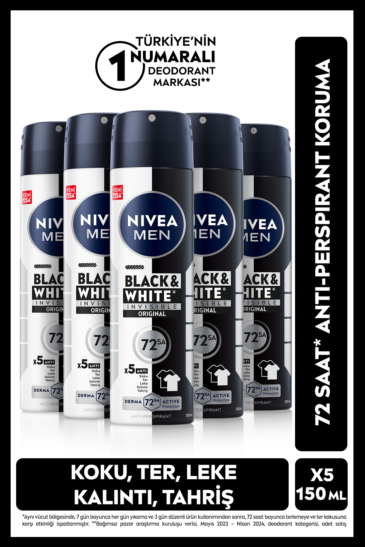 NIVEA MEN Erkek Sprey Deodorant Black&White Invisible Original 150ml, 72 Saat Anti-perspirant, X5 Adet
