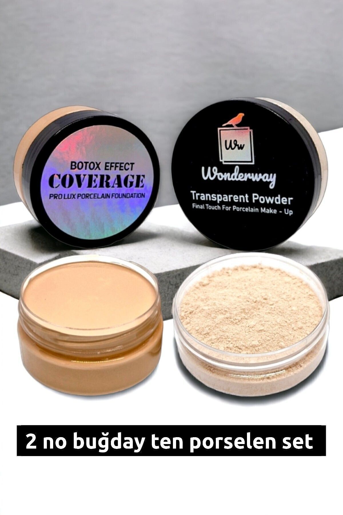 wonderway Yoğun Kapatıcı Porselen Fondöten & Transparan Pudra Set No:2 Buğday Ten Sünger Ve Göz Kalemi