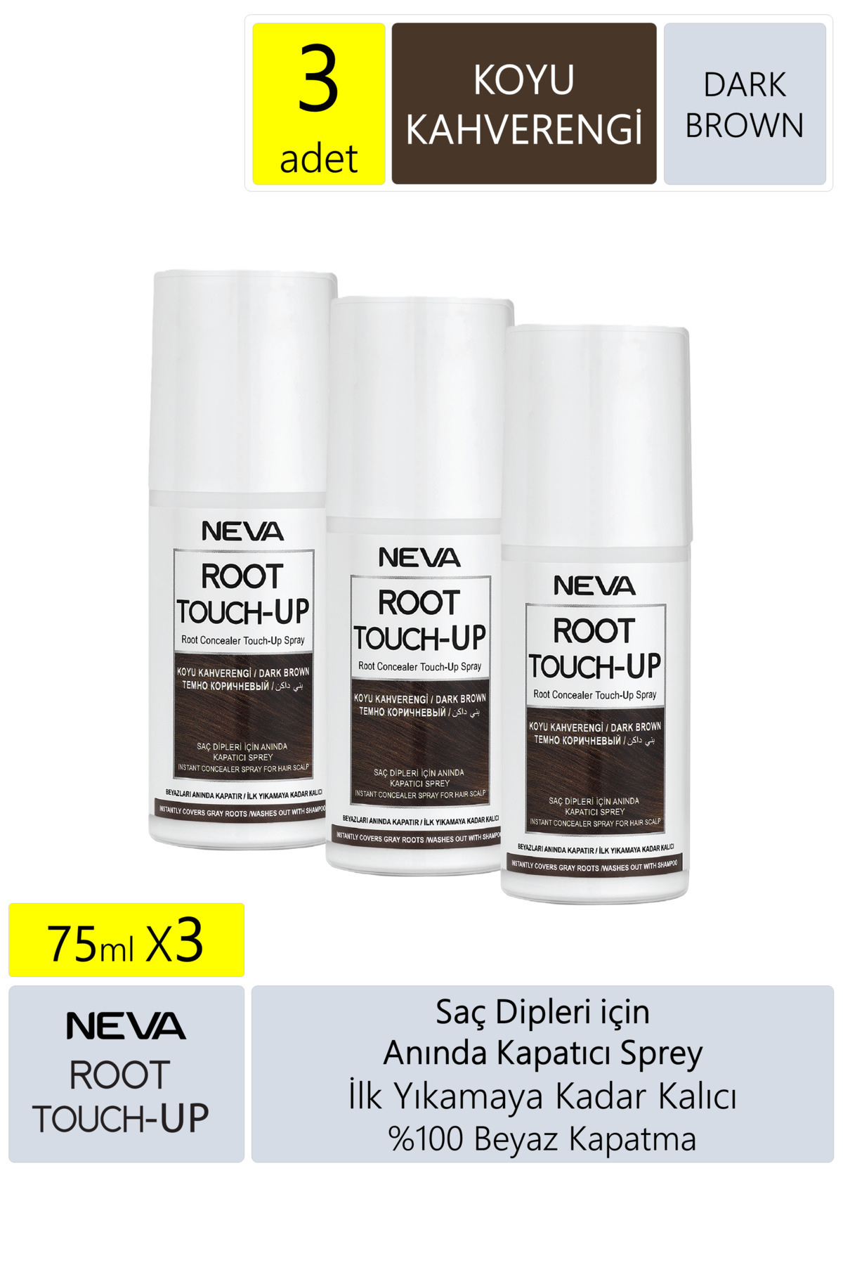 Root Touch-Up Neva Root Touch Up Kapatıcı Sprey 75 Ml Koyu Kahve 3 Adet