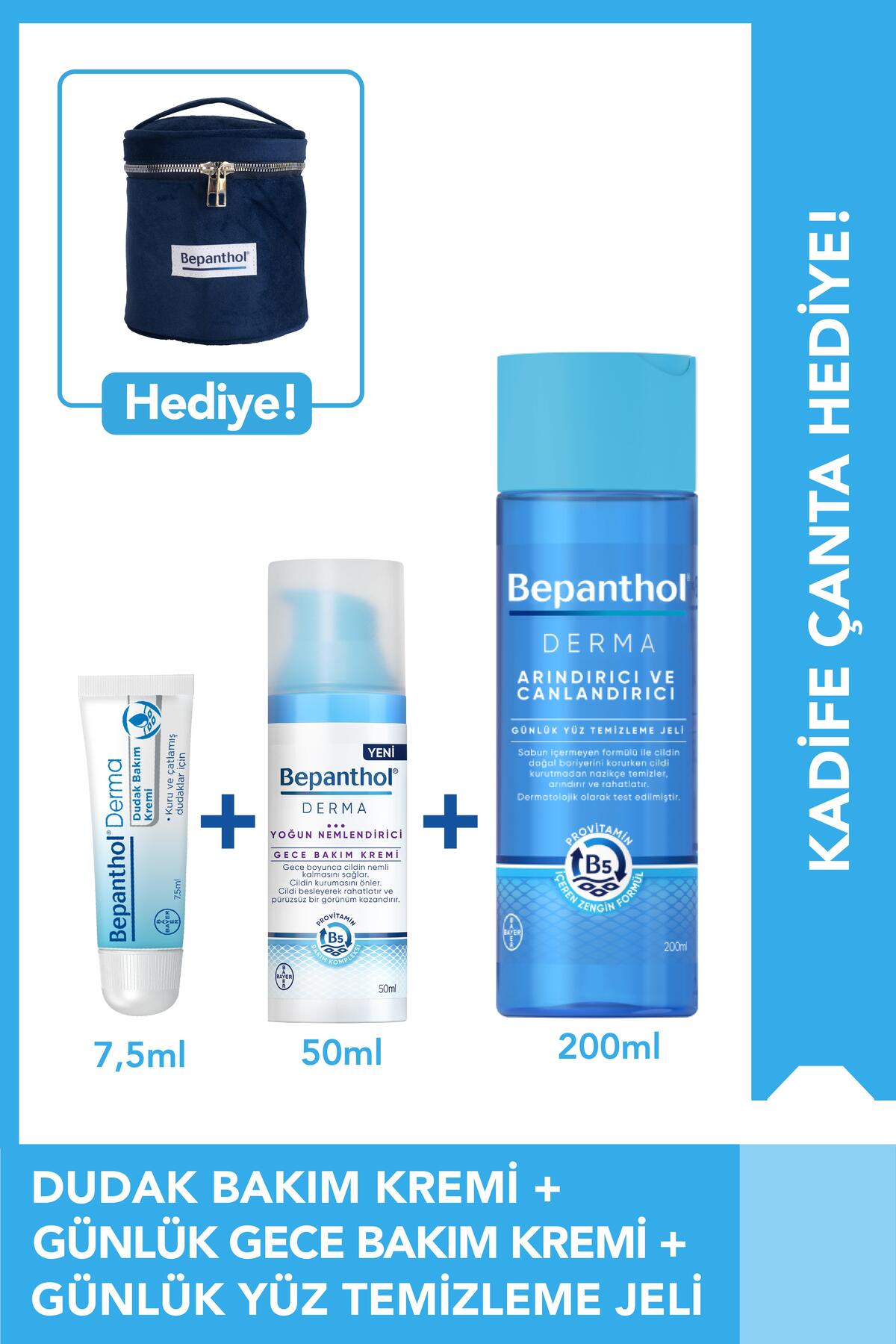 Bepanthol Gece Bakım Kremi 50ml Temizleme Jeli 200ml Dudak Kremi 7.5ml Kadife Çanta