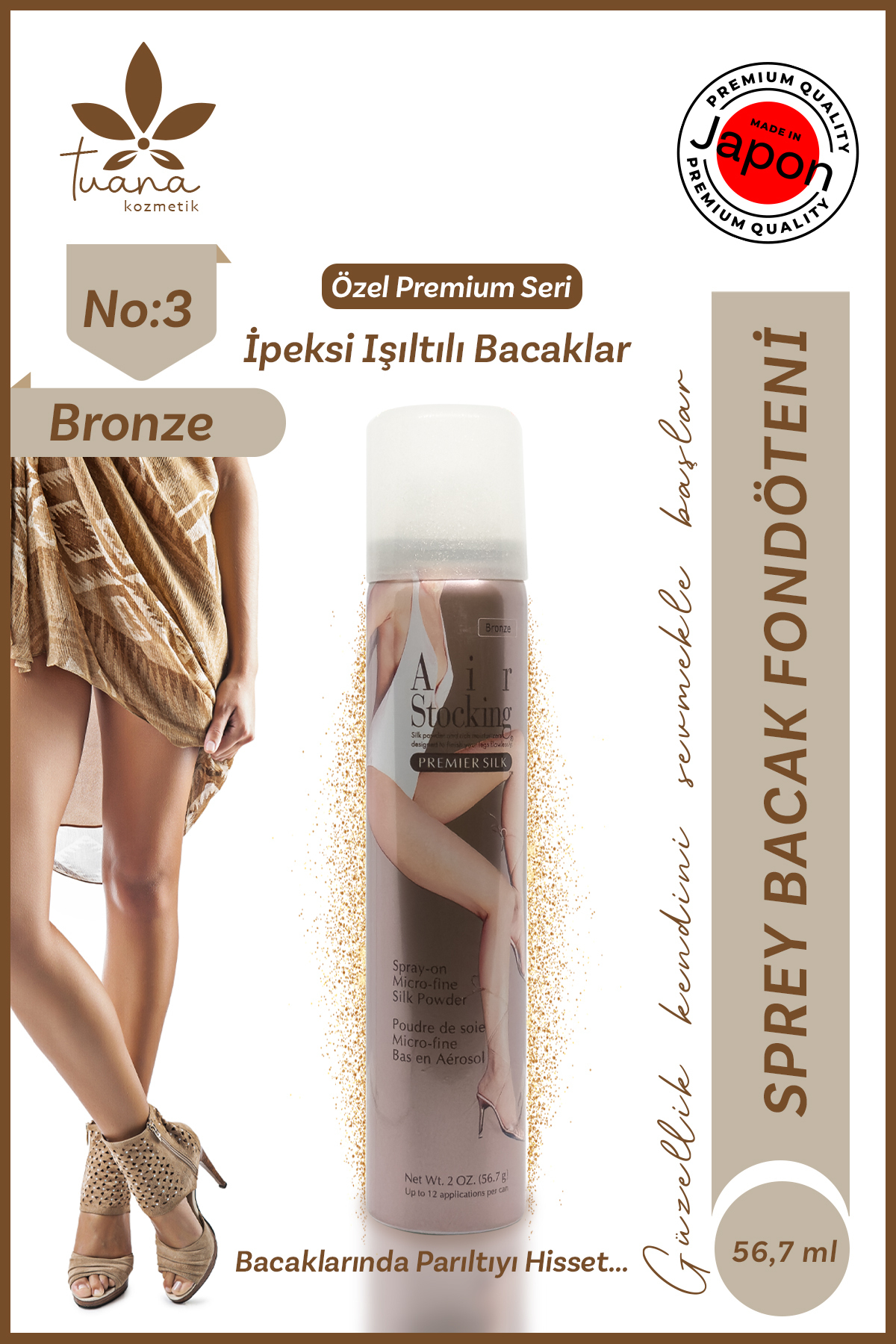 Tuana Kozmetik Air Stocking Ipek Tozlu, Nemlendirici, Bacak Spreyi Bronzlaştırıcı Etki Vücut Sprey 56.7g Bronze
