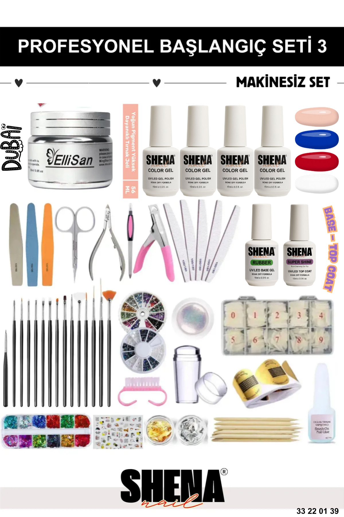 Shena Kalıcı Oje - Protez Tırnak Başlangıç Seti 3 (OJE - BUILDER JEL - BASE TOP COAT | AKSESUAR) ❤︎ Dubai