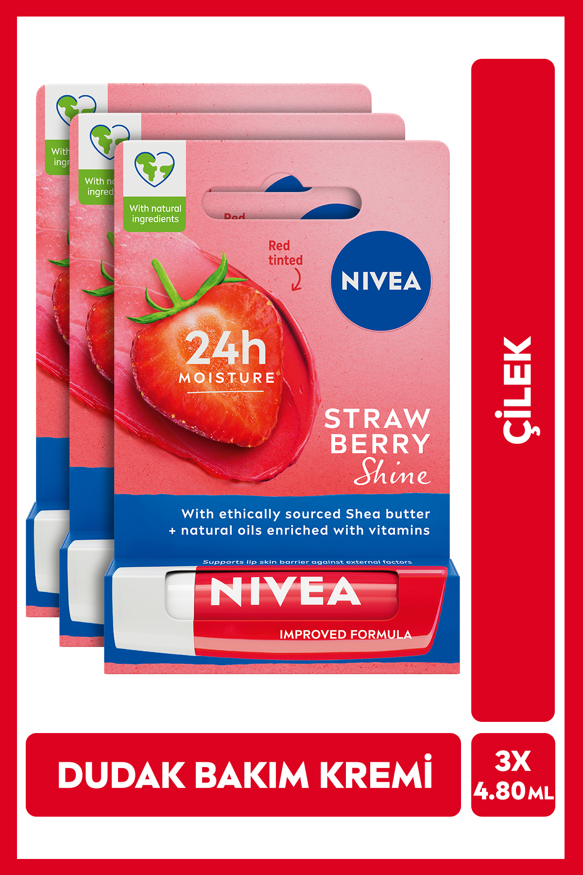 NIVEA Dudak Bakım Kremi Ve Dudak Parlatıcı 4.8gr, Çilek Kokusu, 24 Saat Nem, Hafif Kırmızı Işıltı, X3 Adet
