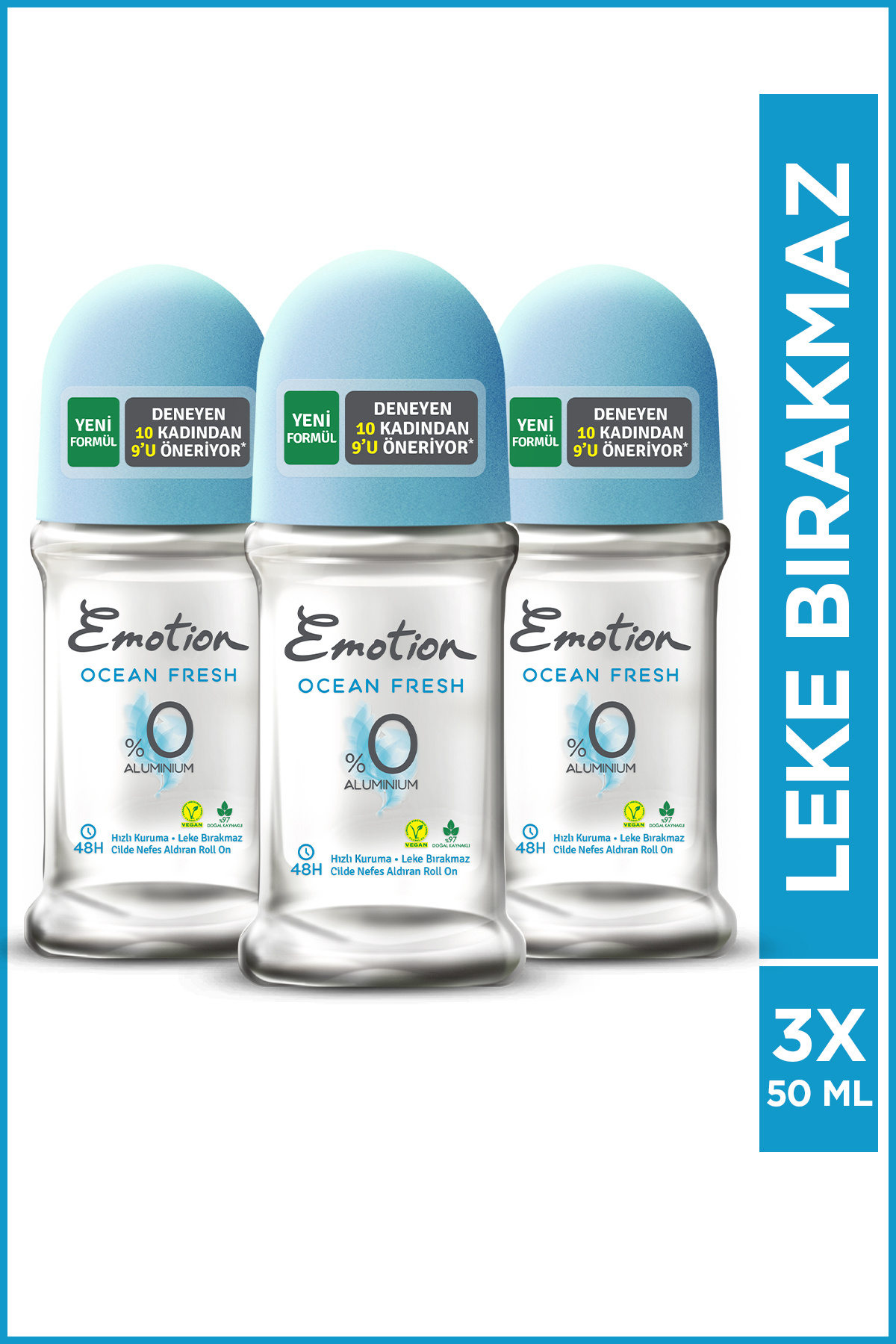 Emotion Ocean Fresh Kadın Alüminyumsuz Vegan Roll On 3x50ml Hızlı Kurur, Leke Bırakmaz
