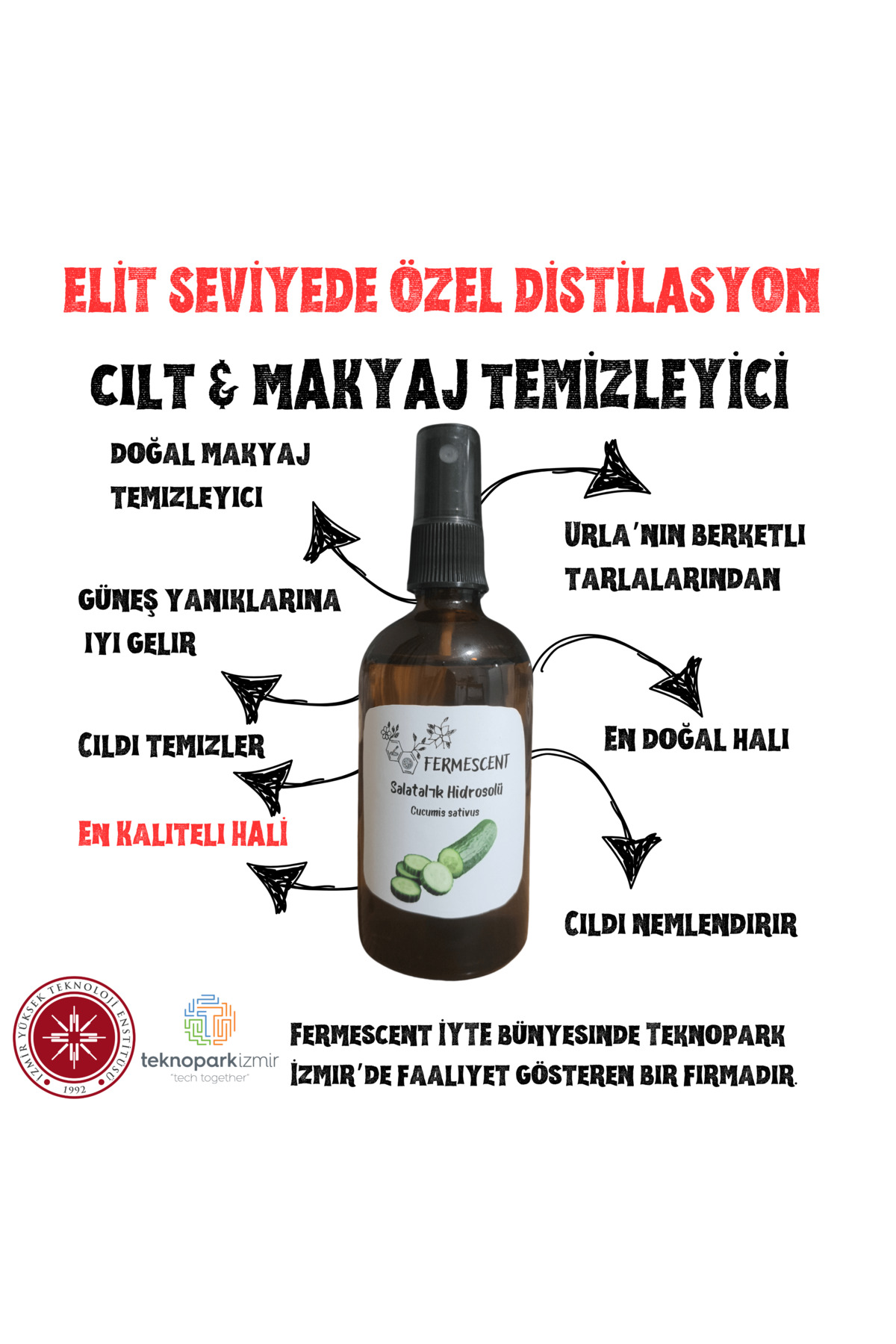 Fermescent Salatalık Suyu Hidrosolü Doğal Makyaj Temizleyici Ferahlatıcı Tonik 100 ml