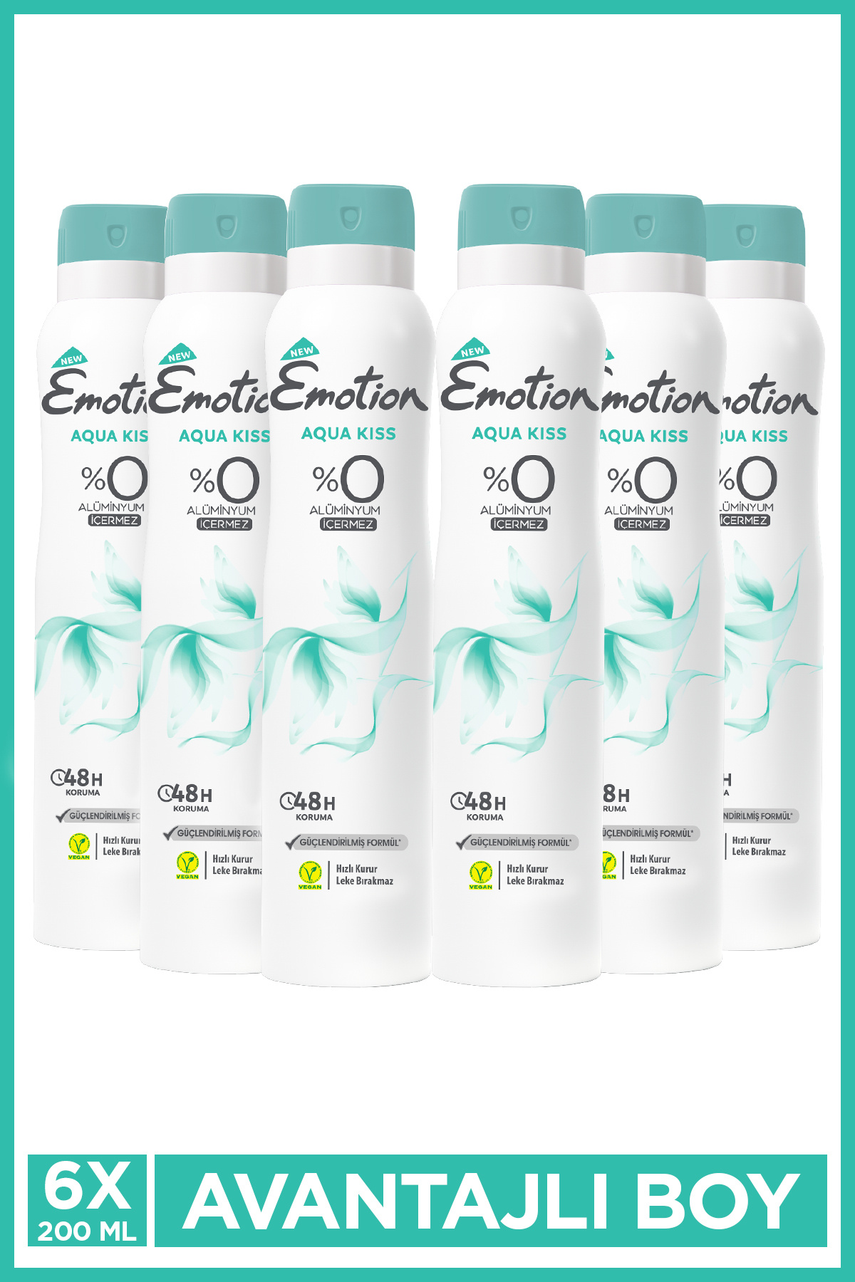 Emotion Aqua Kiss Kadın Alüminyumsuz Vegan Deodorant 6x200 ml Hızlı Kurur, Leke Bırakmaz