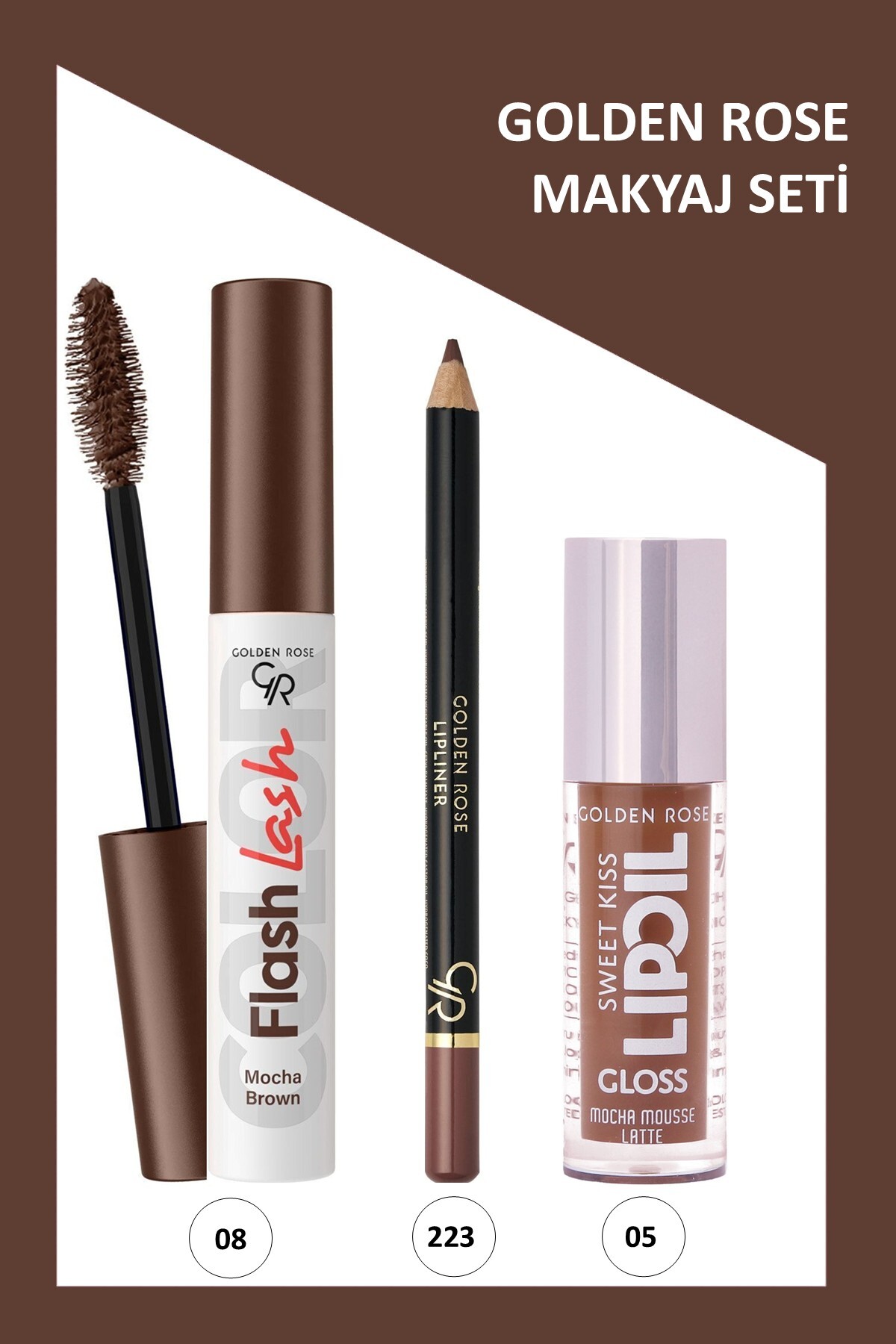 Golden Rose Flash Lash Renkli Maskara No:08 & Lipliner No:223 & Sweet Kiss Meyveli Dudak Parlatıcı No:05 Makyaj