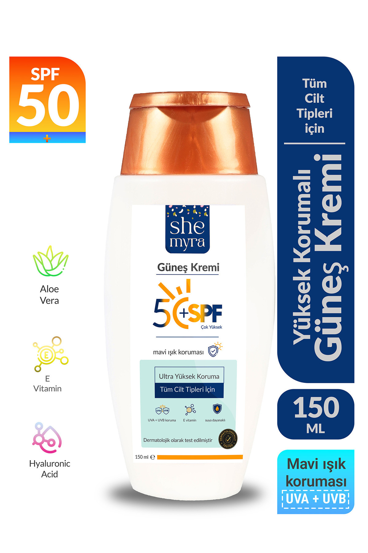 SHE MYRA SUN Güneş Kremi Yüksek Korumalı Spf 50+ 150 ML aydınlatıcı Aloe Vera + E vitamini