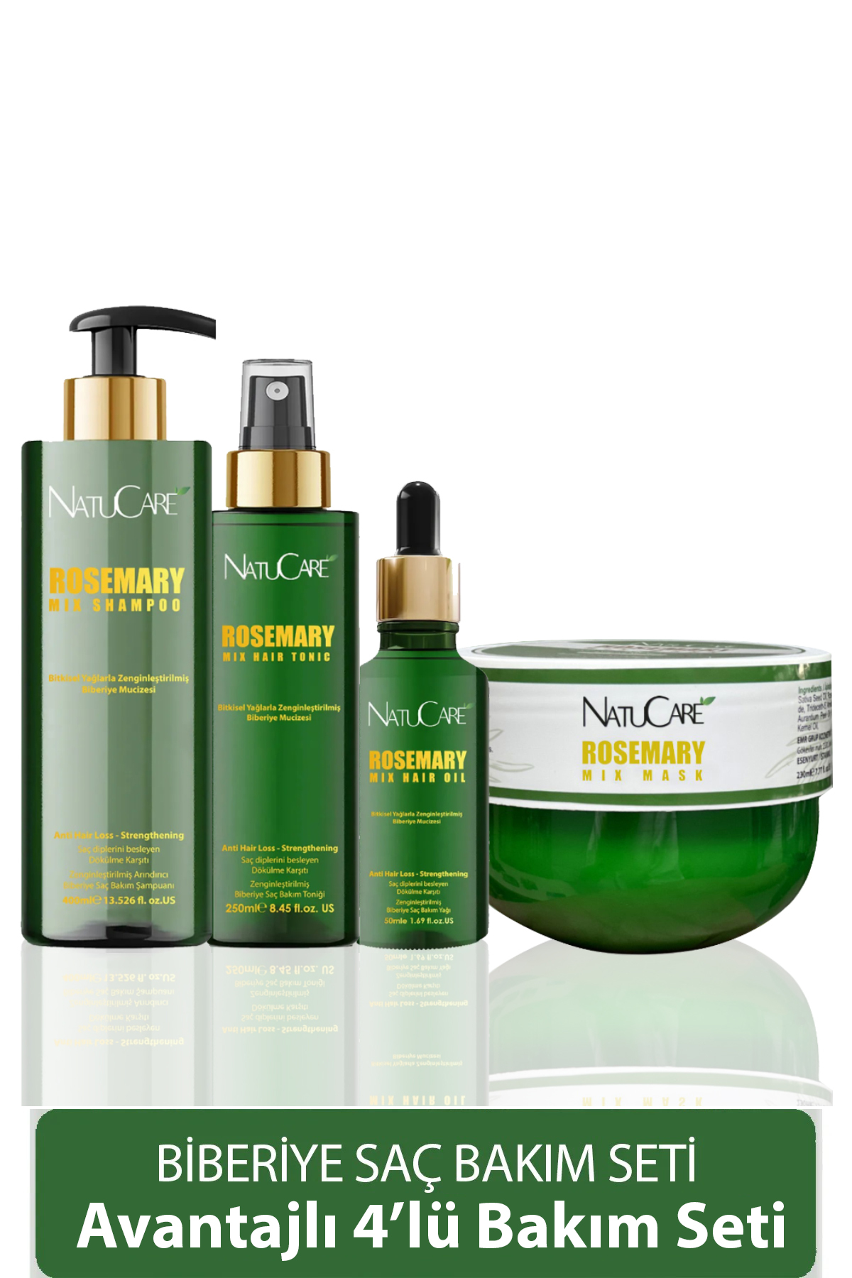 NatuCare 4'lü Biberiye Saç Bakım Set Dökülme karşıtı ,Hızlı Uzama Etkiki,Onarıcı (Şampuan-Tonik-Yağ-Maske)