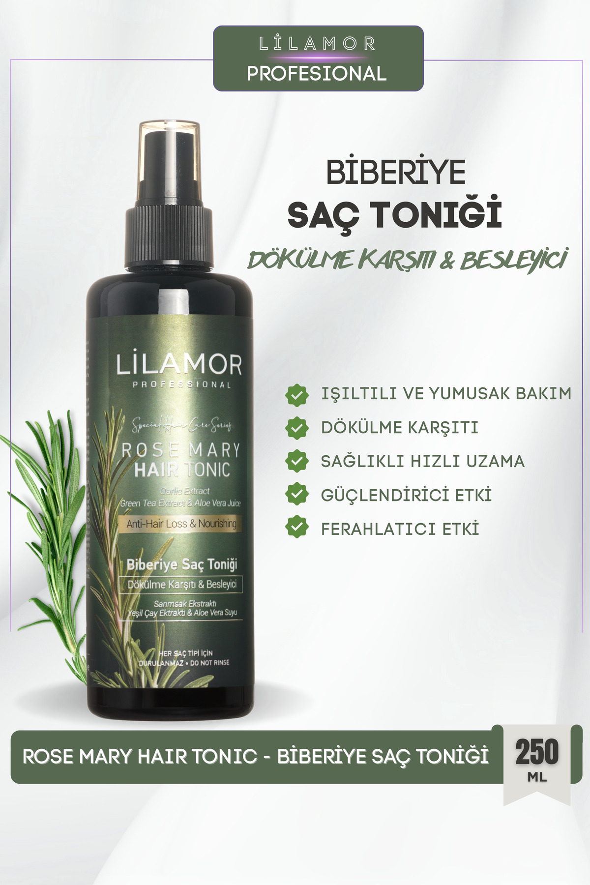 Lilamor Biberiye Suyu Dökülme Karşıtı ve Hızlı Uzamaya Yardımcı Tonik 250ml