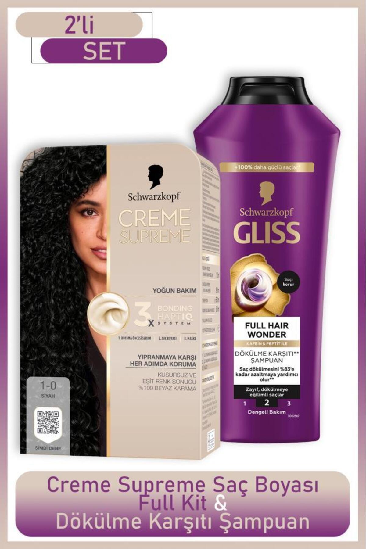 Schwarzkopf Creme Supreme Full Kit 1-0 Siyah + Gliss Full Hair Wonder Saç Dökülme Karşıtı Şampuan 400 ml