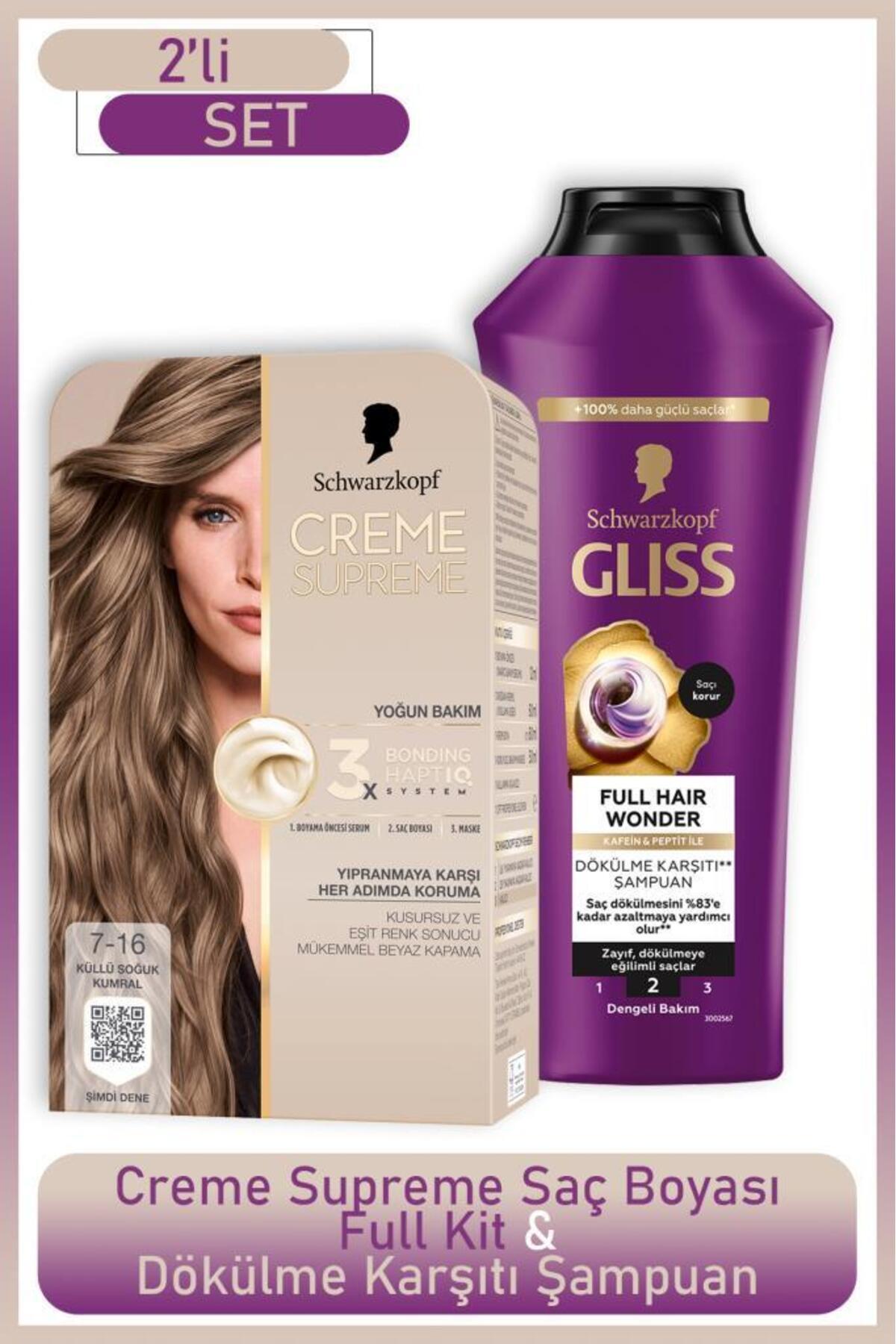 Schwarzkopf Creme Supreme Full Kit 7-16 Küllü Soğuk Kumral + Gliss Saç Dökülme Karşıtı Şampuan 400ml