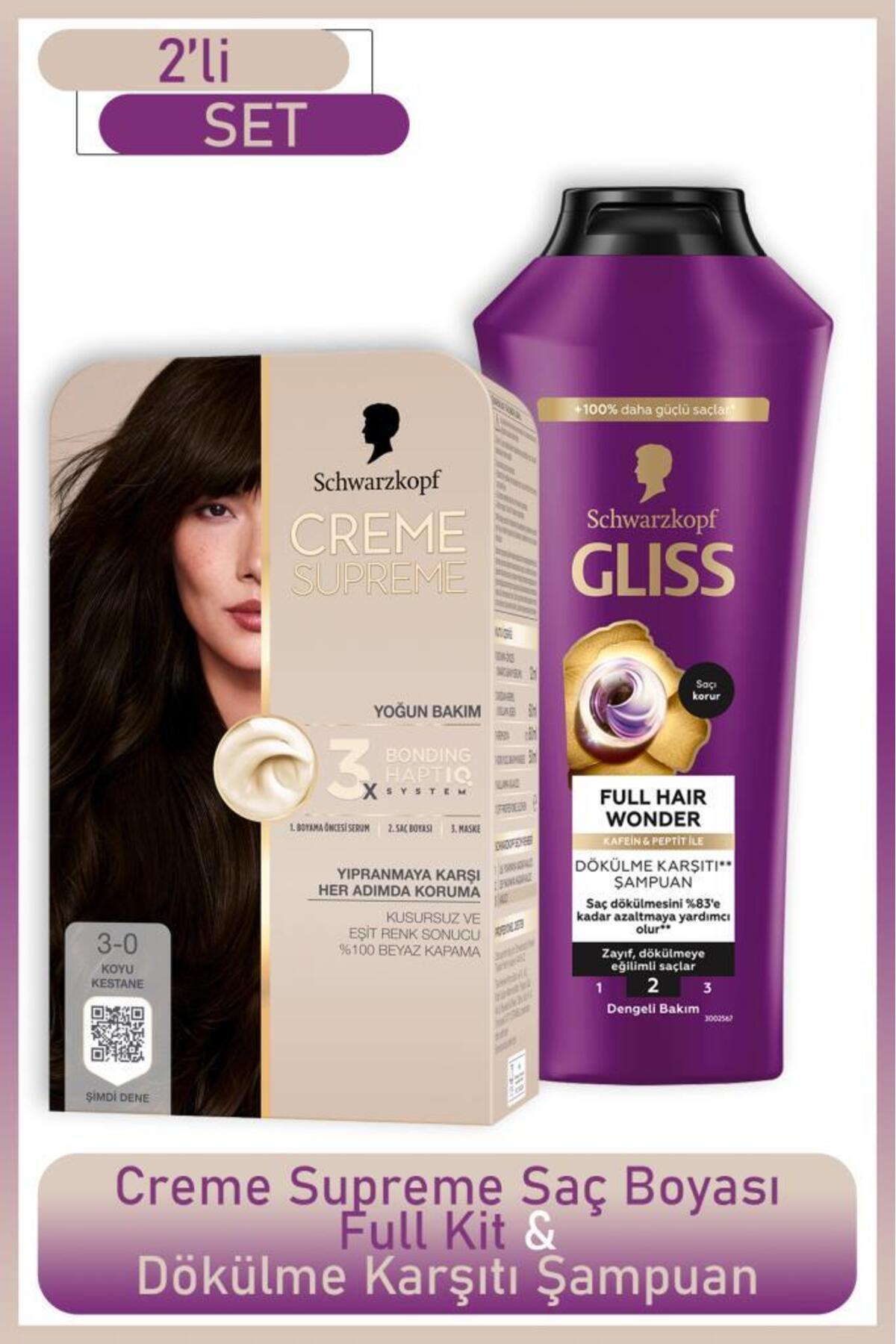 Schwarzkopf Creme Supreme Full Kit 3-0 Koyu Kestane + Gliss Full Hair Wonder Saç Dökülme Karşıtı Şampuan 400 ml