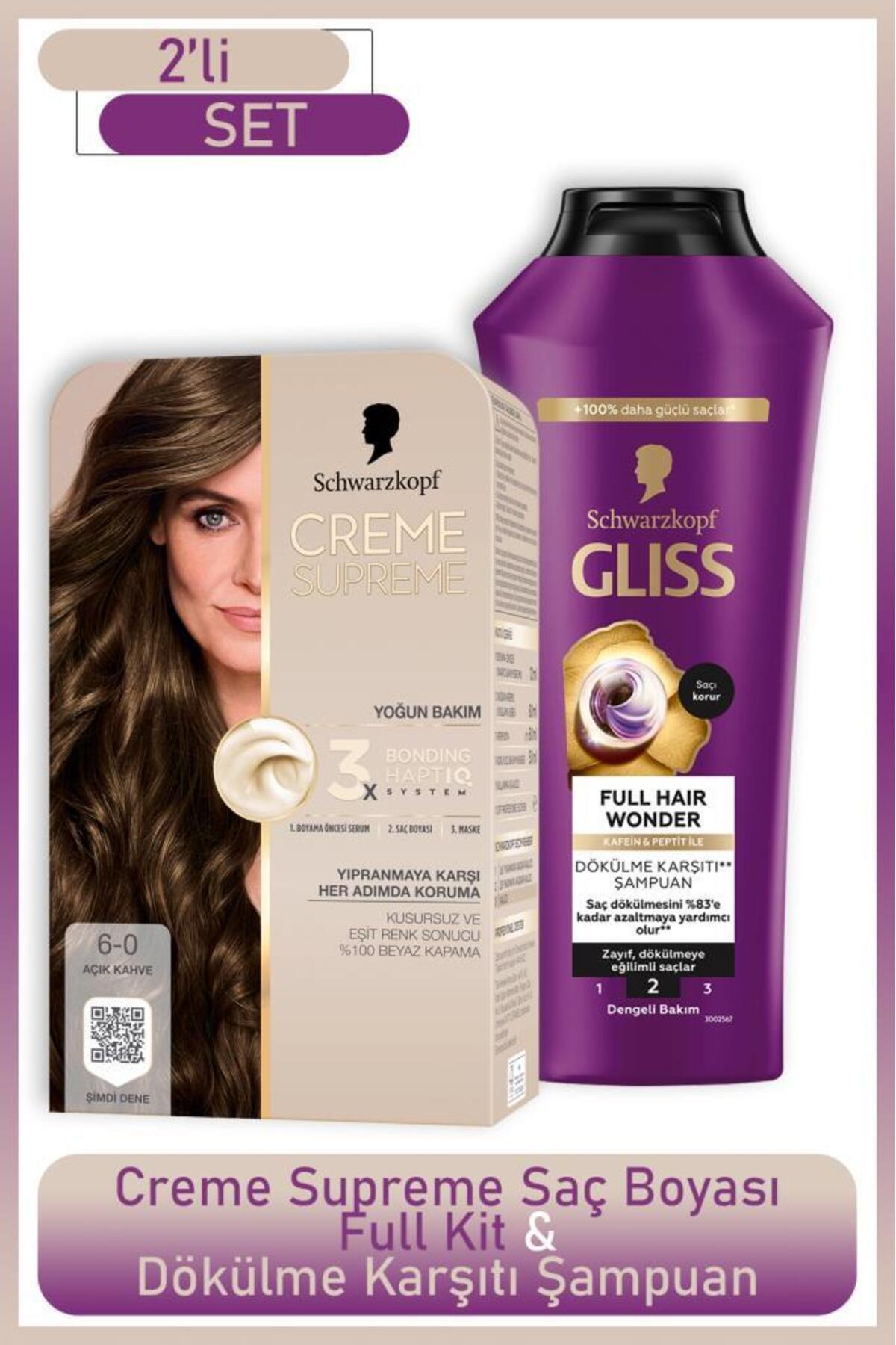 Schwarzkopf Creme Supreme Full Kit 6-0 Açık Kahve + Gliss Full Hair Wonder Saç Dökülme Karşıtı Şampuan 400 ml