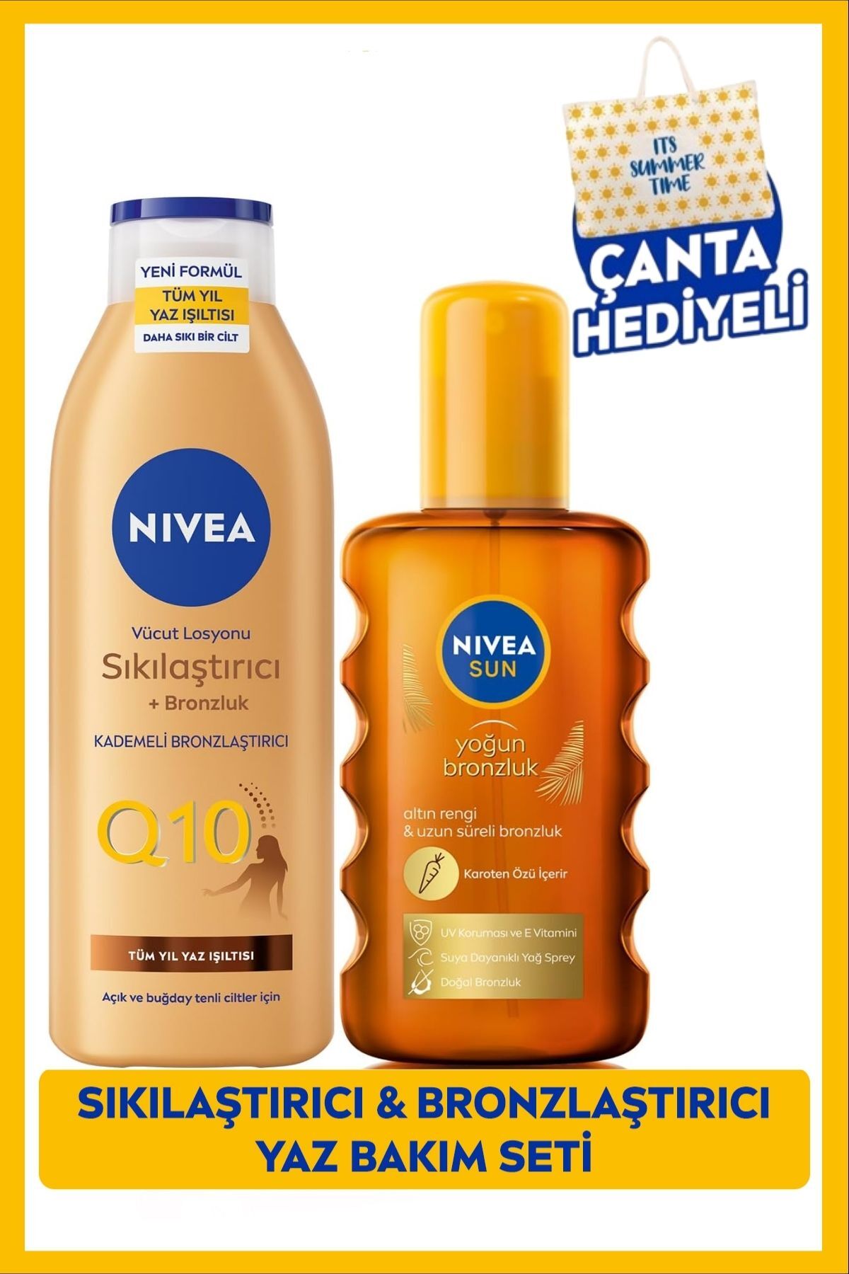 NIVEA SUN SPF6 Bronzlaştırıcı Güneş Yağı 200ml Ve Q10 Sıkılaştırıcı Bronzluk Vücut Losyonu, Çanta Hediye