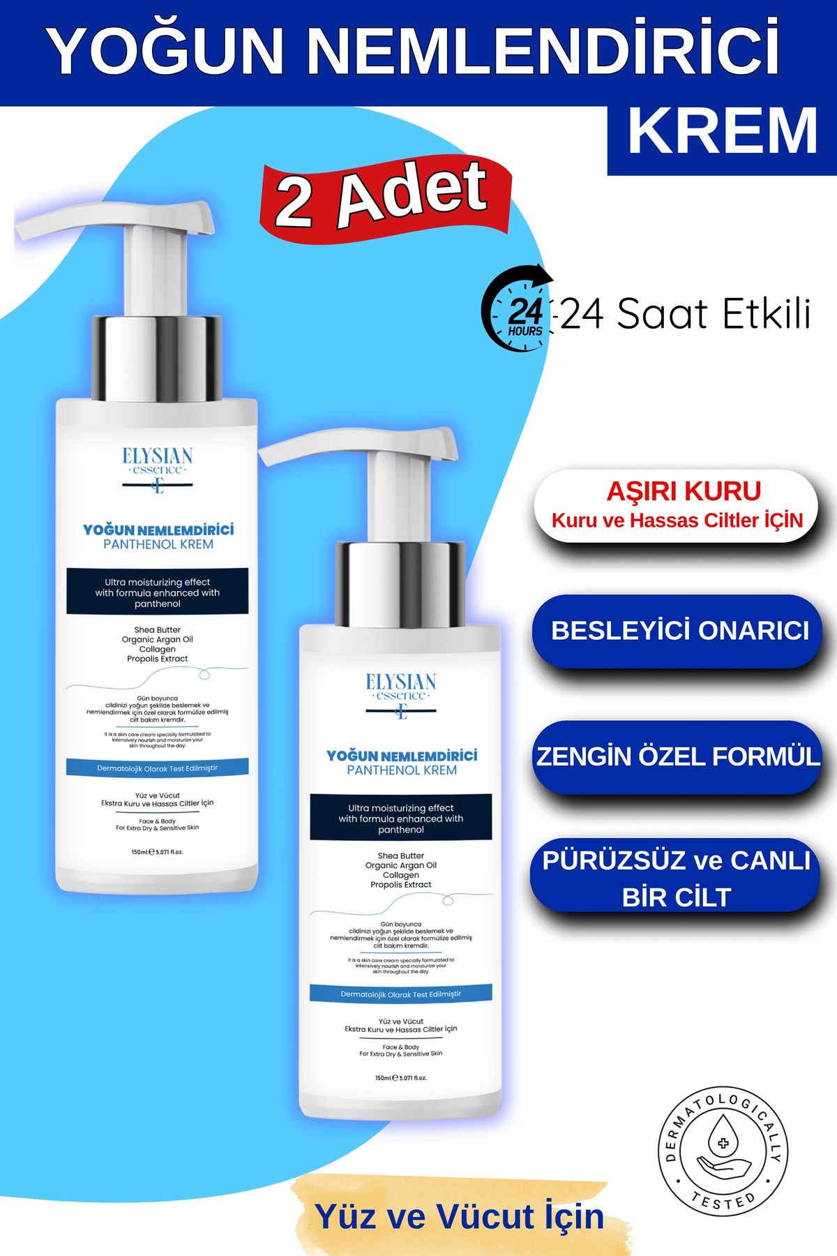 Elysian Essence Yoğun Nemlendirici Panthenol Krem 2'li Set | Kuru ve Hassas Ciltlere 24 Saat Bakım, Argan, Shea Yağı