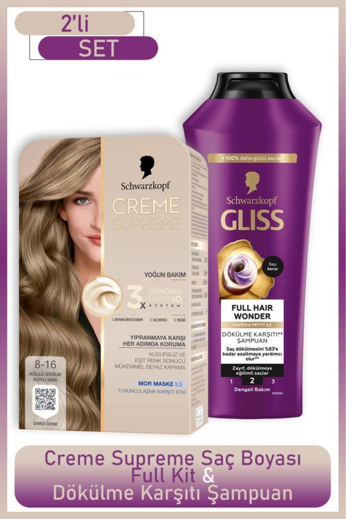Schwarzkopf Creme Supreme Full Kit 8-16 Küllü Soğuk Koyu Sarı + Gliss Saç Dökülme Karşıtı Şampuan 400ml