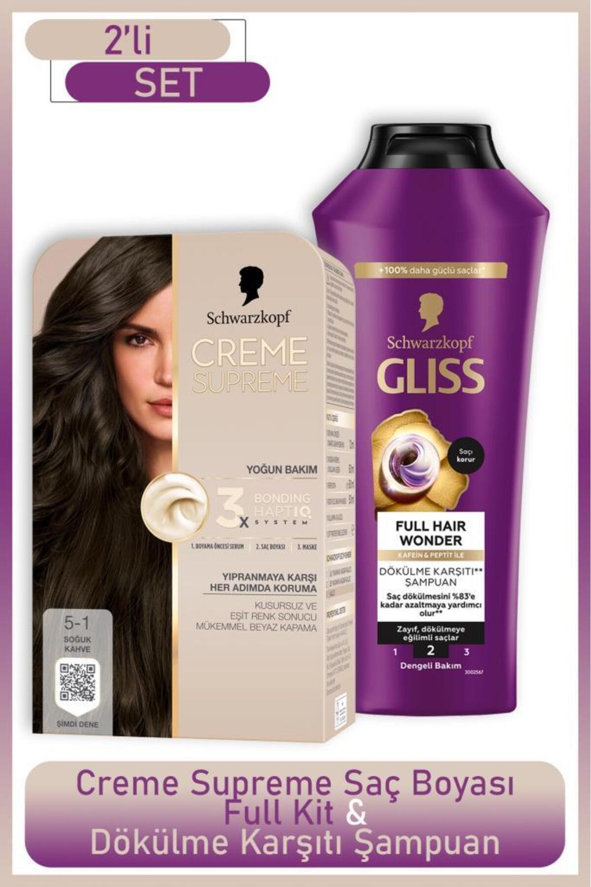 Schwarzkopf Creme Supreme Full Kit 5-1 Soğuk Kahve + Gliss Full Hair Wonder Saç Dökülme Karşıtı Şampuan 400ml
