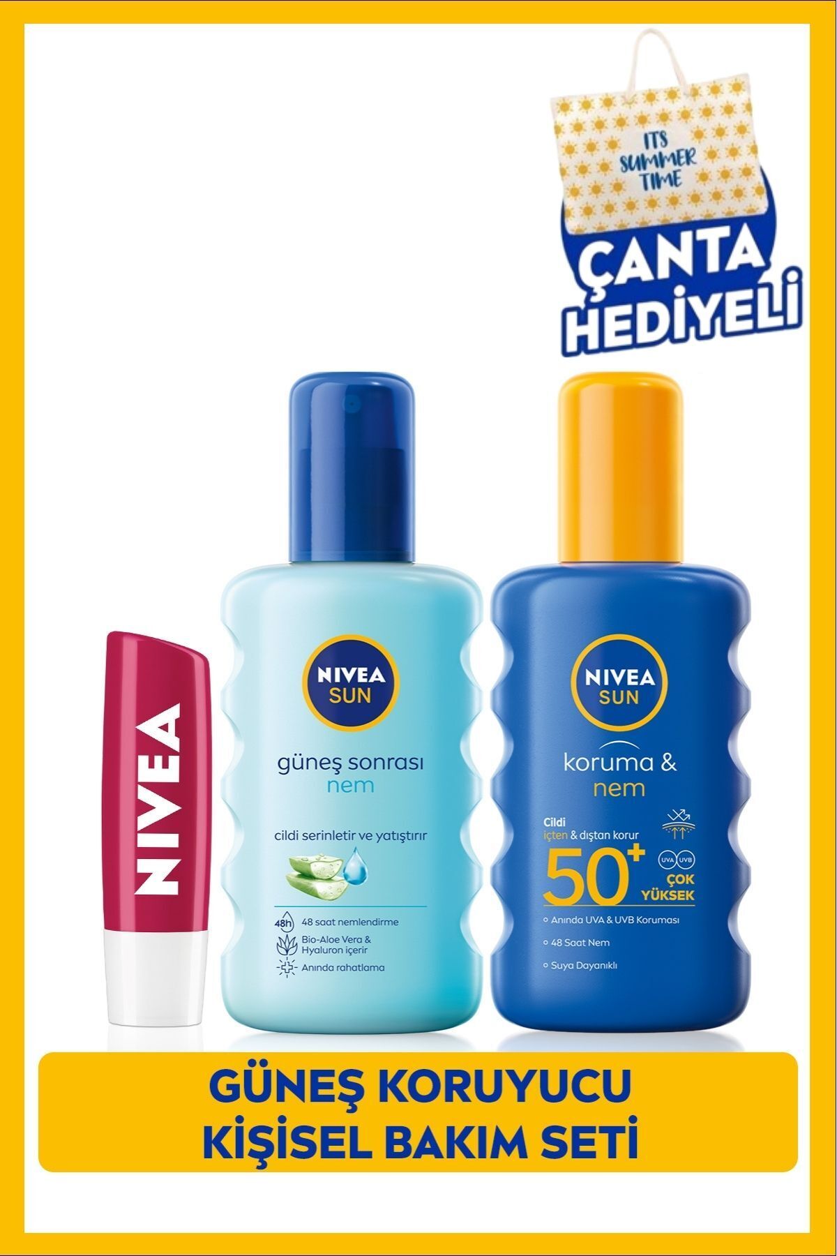 NIVEA SUN SPF50+ Güneş Koruyucu Sprey 200ml, Güneş Sonrası Nemlendirici 200ml ve Dudak Kremi, Çanta Hediye