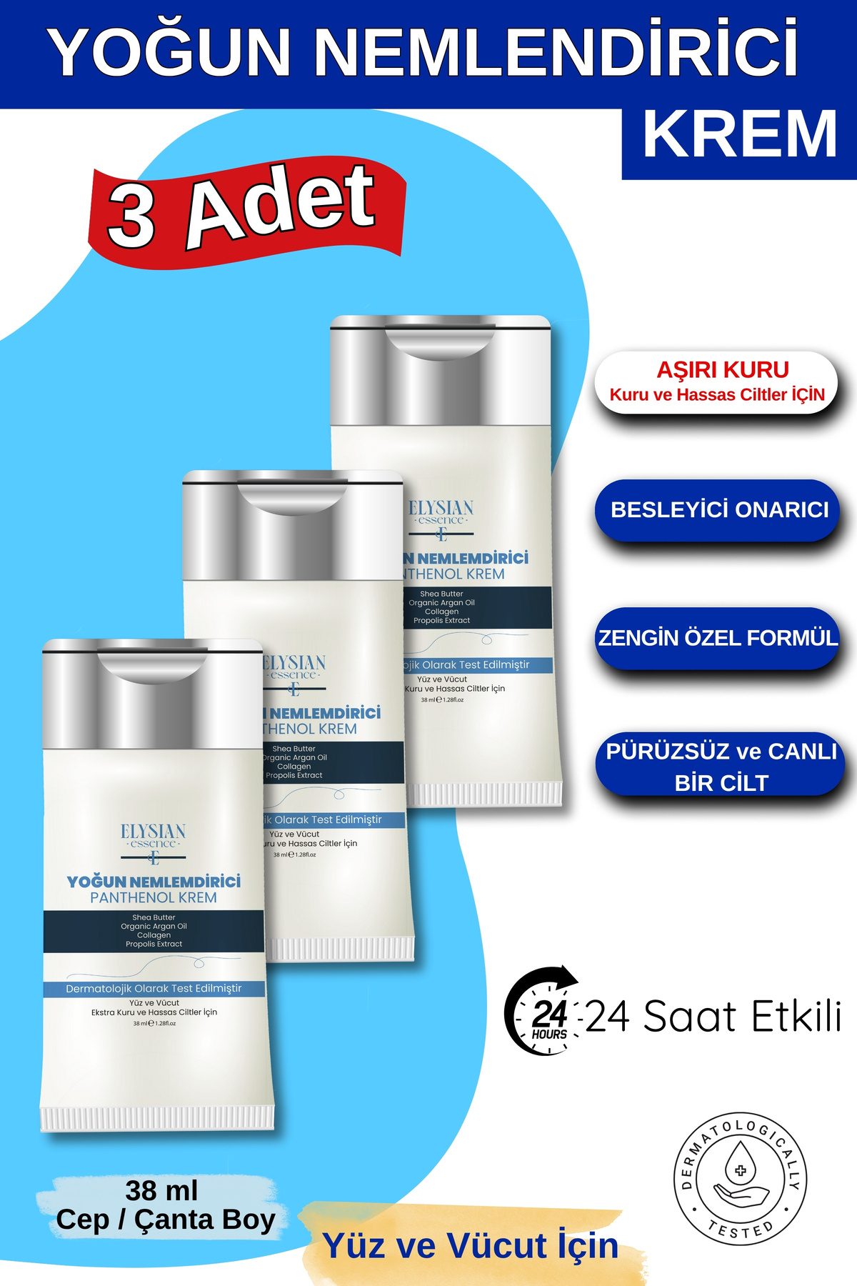 Elysian Essence Yoğun Nemlendirici Panthenol Krem 3'lü Set Cep, Çanta, Küçük Boy | Kuru ve Hassas Ciltler