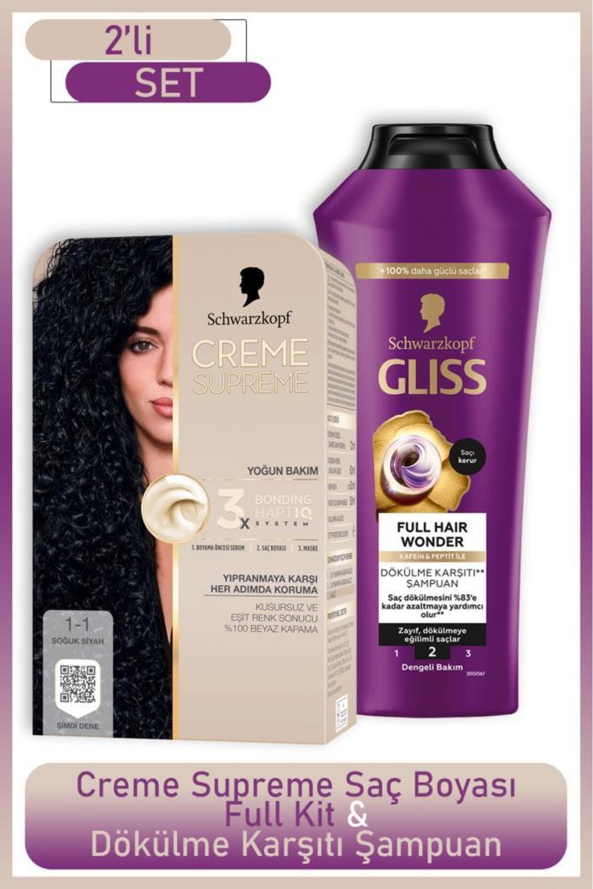 Schwarzkopf Creme Supreme Full Kit 1-1 Soğuk Siyah + Gliss Full Hair Wonder Saç Dökülme Karşıtı Şampuan 400 ml