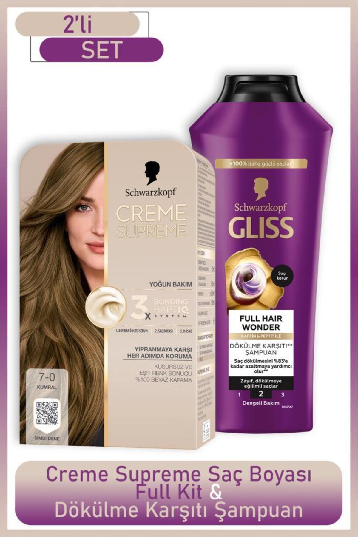 Schwarzkopf Creme Supreme Full Kit 7-0 Kumral+Gliss Full Hair Wonder Saç Dökülme Karşıtı Şampuan 400 ml