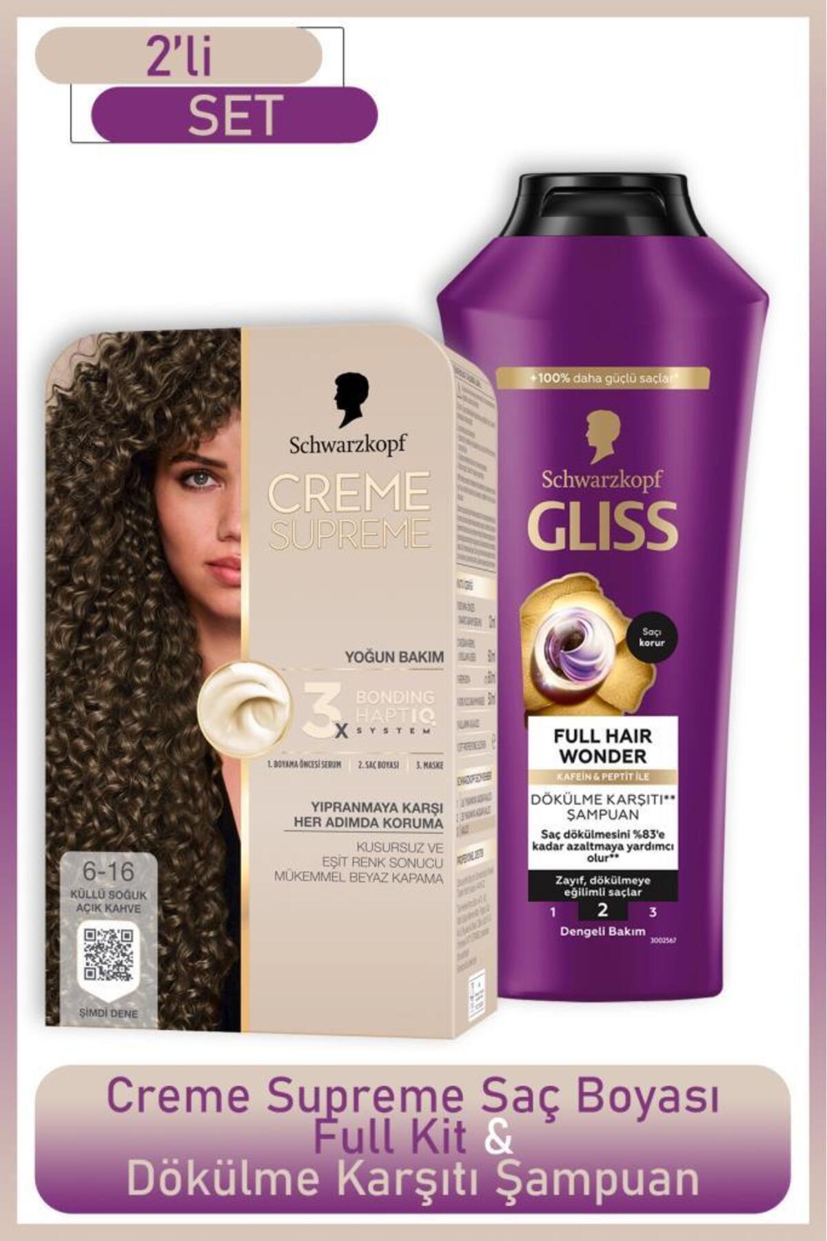 Schwarzkopf Creme Supreme Full Kit 6-16 Küllü Soğuk Açık Kahve + Gliss Saç Dökülme Karşıtı Şampuan 400ml