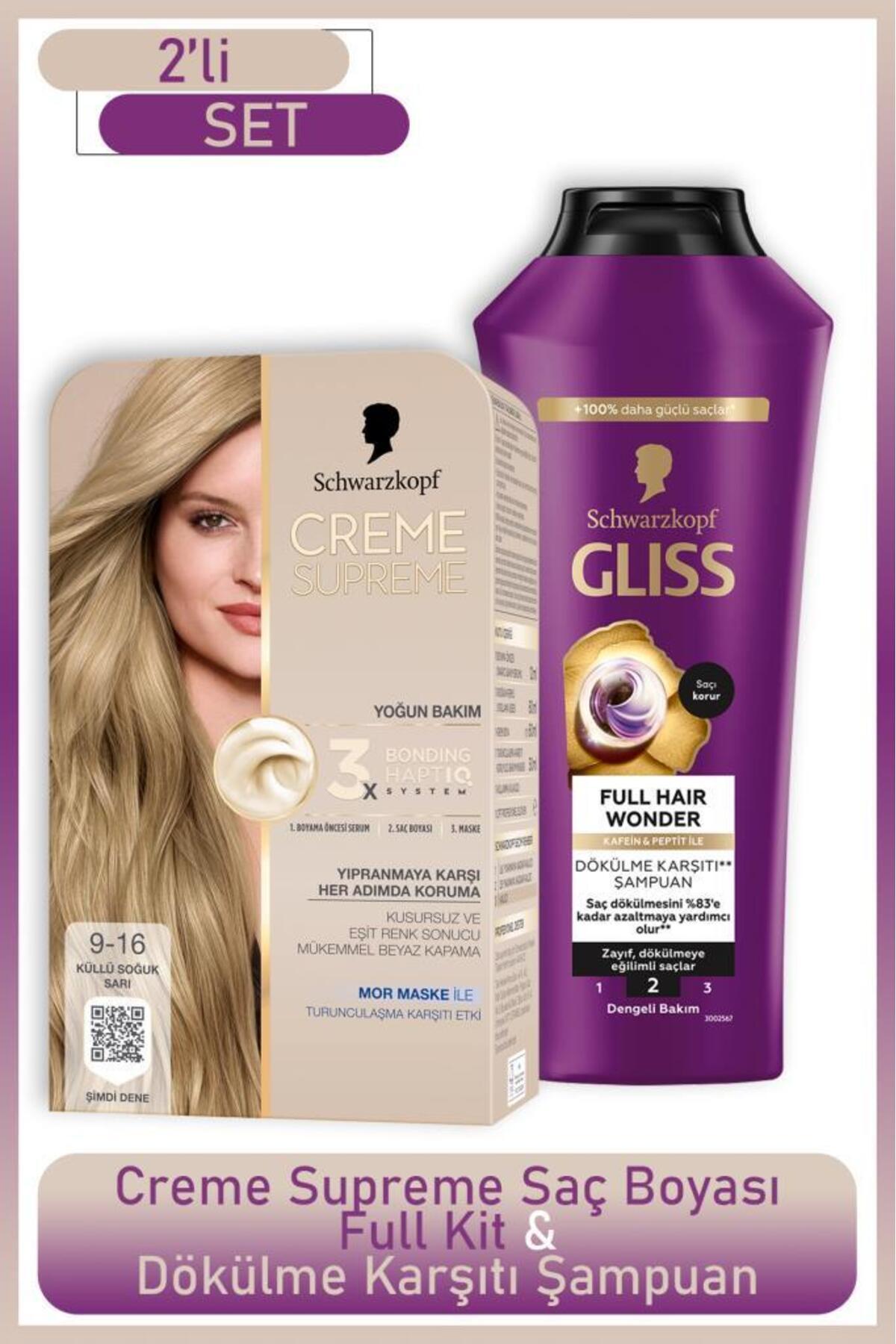 Schwarzkopf Creme Supreme Full Kit 9-16 Küllü Soğuk Sarı + Gliss Saç Dökülme Karşıtı Şampuan 400ml