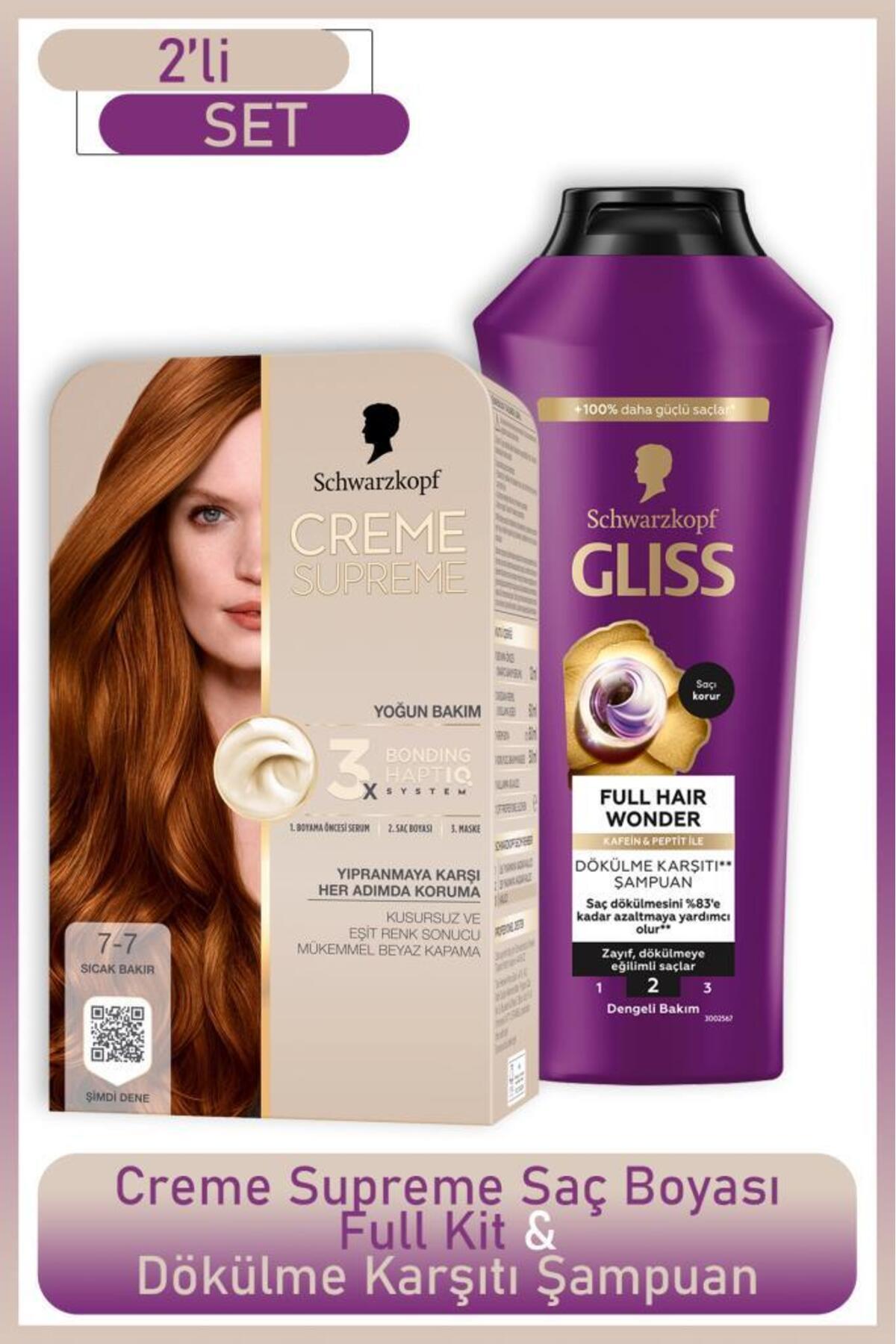 Schwarzkopf Creme Supreme Full Kit 7-7 Sıcak Bakır +Gliss Full Hair Wonder Saç Dökülme Karşıtı Şampuan 400 ml