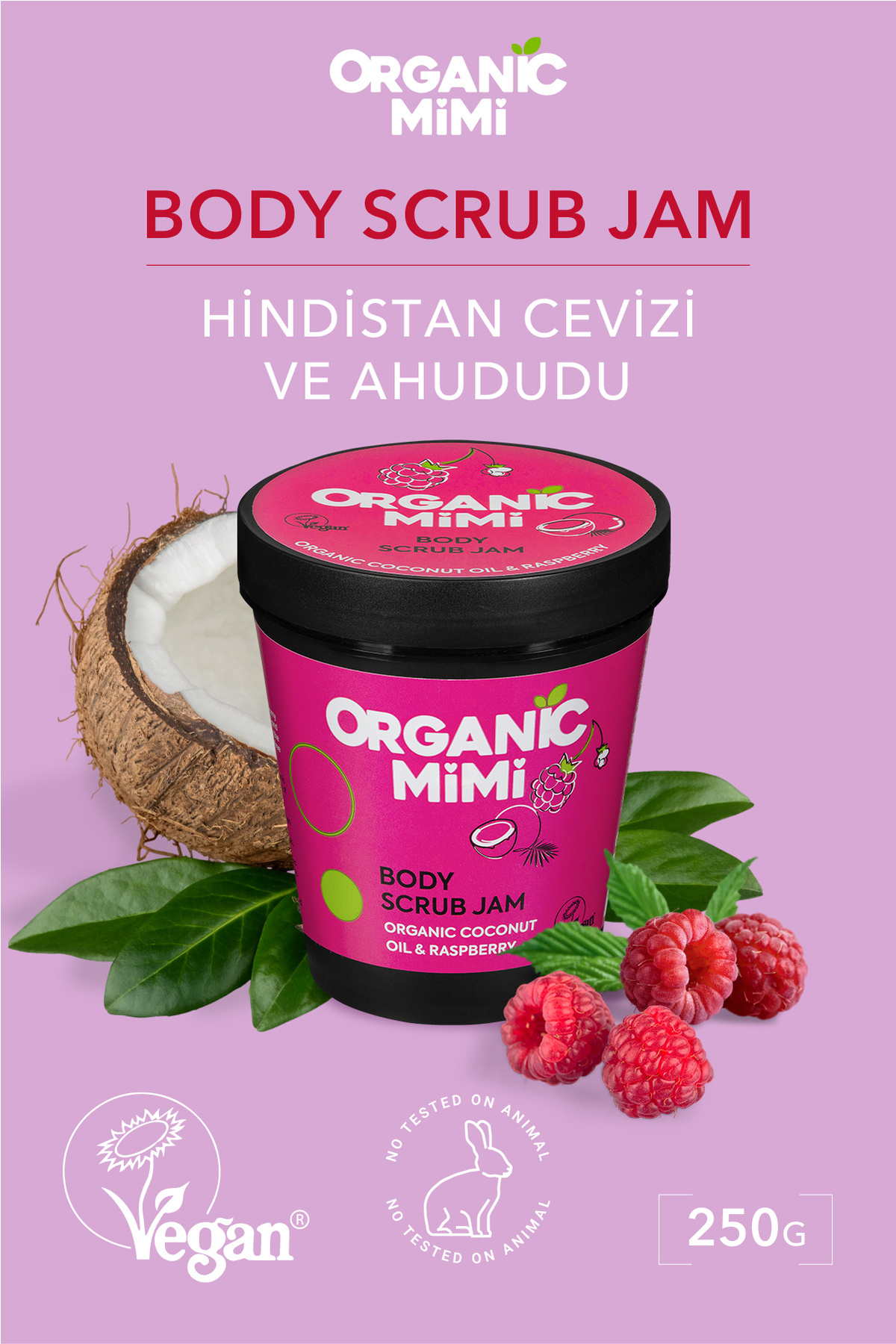 ORGANİC MİMİ Nemlendirici Vücut Peelingi Hassas Ciltler %98 Doğal, Hindistan Cevizi Ahududu, 250 G Body Scrub