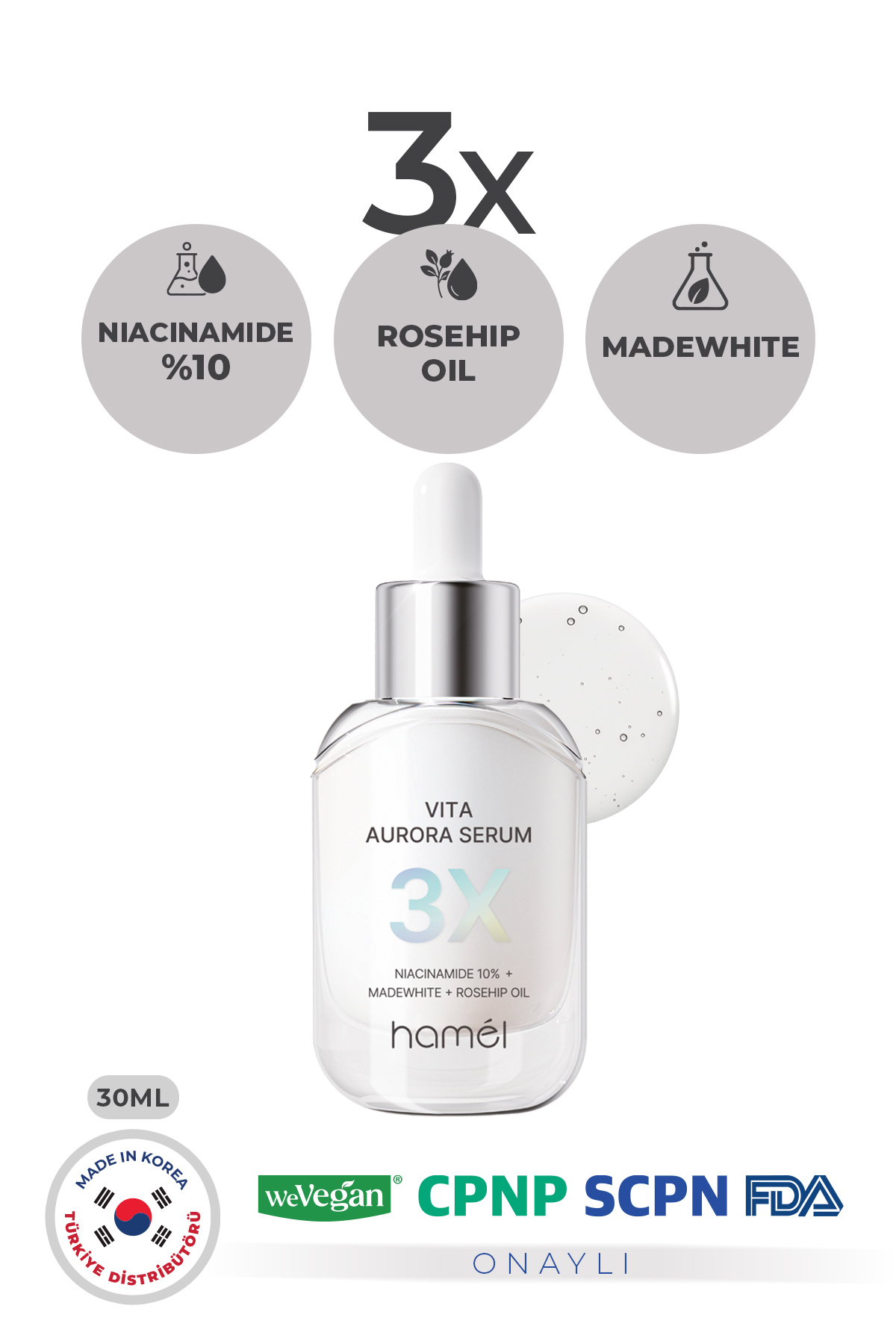 HAMEL 3X Vita Aurora Serum %10 Niacinamide Koyu Leke Karşıtı Cilt Tonu Eşitleyici Serum Kore 30ml