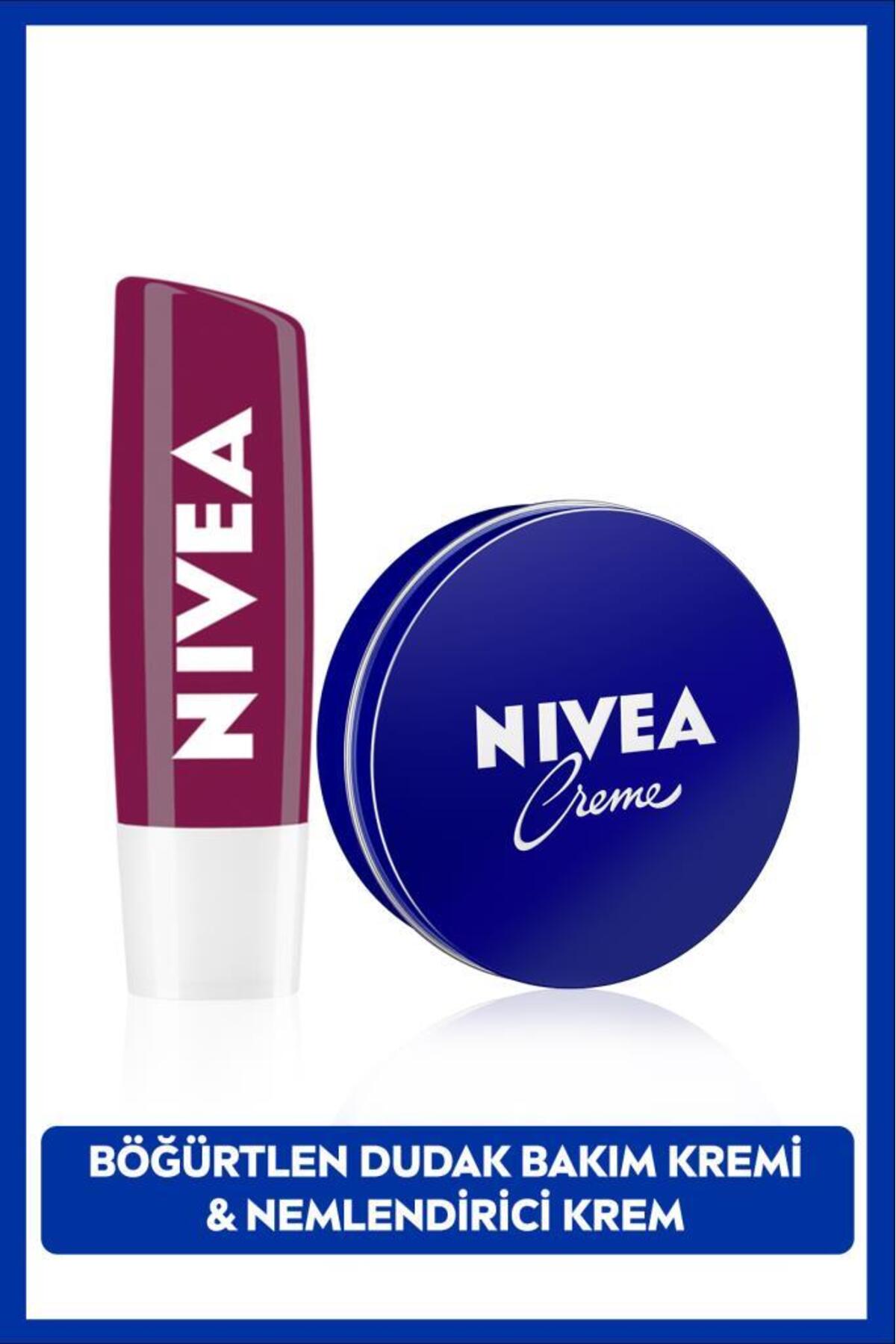NIVEA Creme Nemlendirici 30ml Ve Nemlendirici Böğürtlen Renkli Dudak Bakım Kremi 4.8gr, Hafif Bordo Işıltı