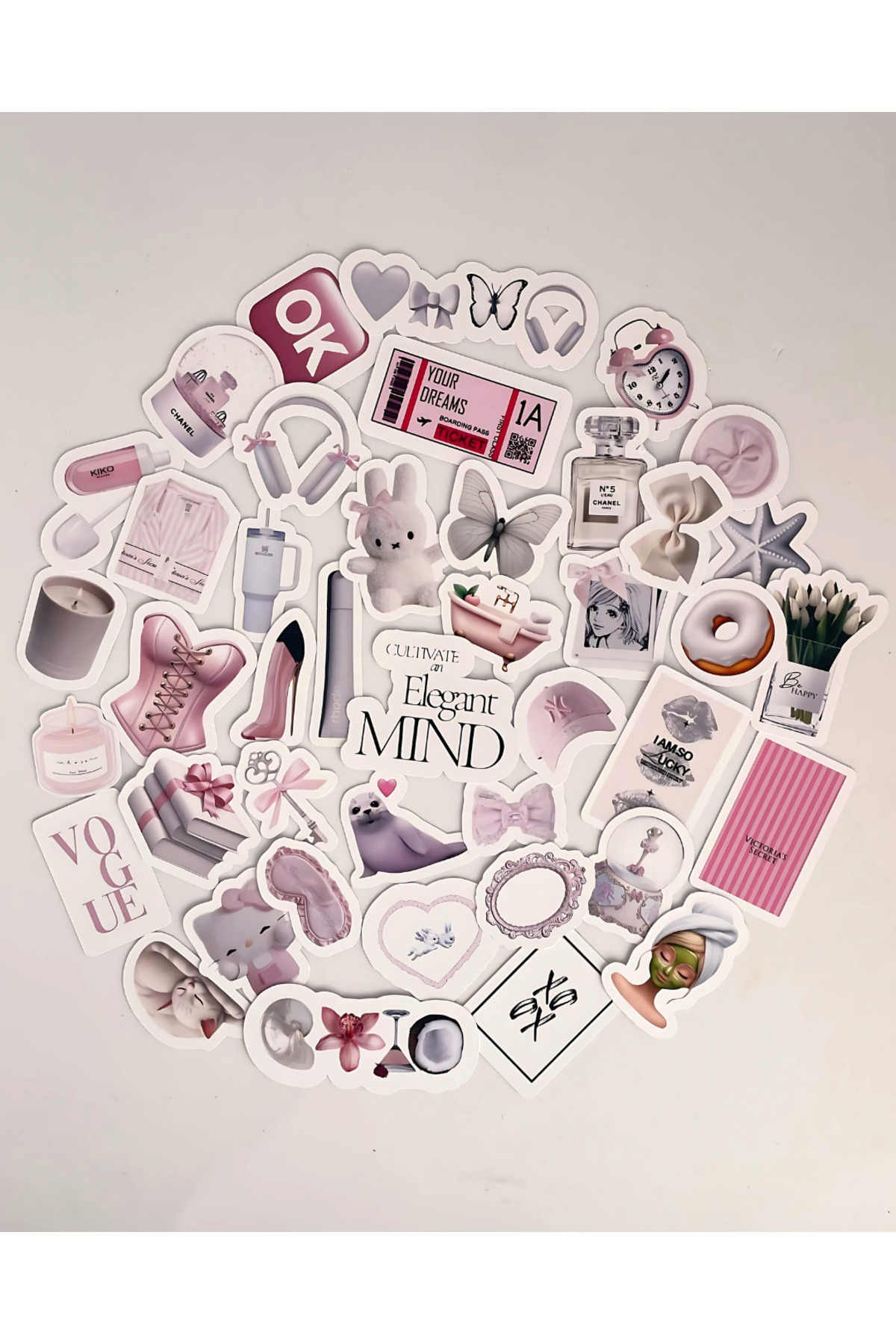 Studio D arte DIY KIT Beyaz Pudra Pembe Clean Girl Sticker Set Journal Ajanda Laptop Telefon Etiket Çıkartma